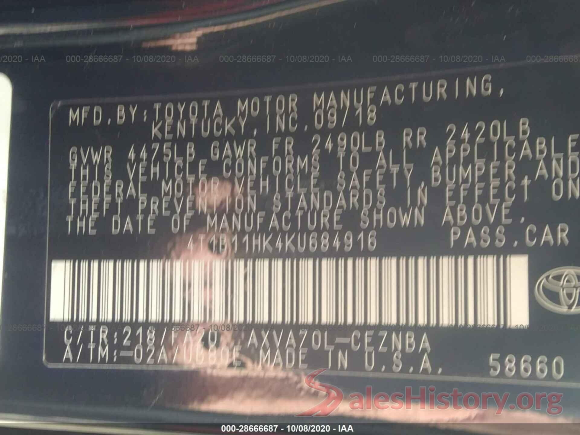 4T1B11HK4KU684916 2019 TOYOTA CAMRY