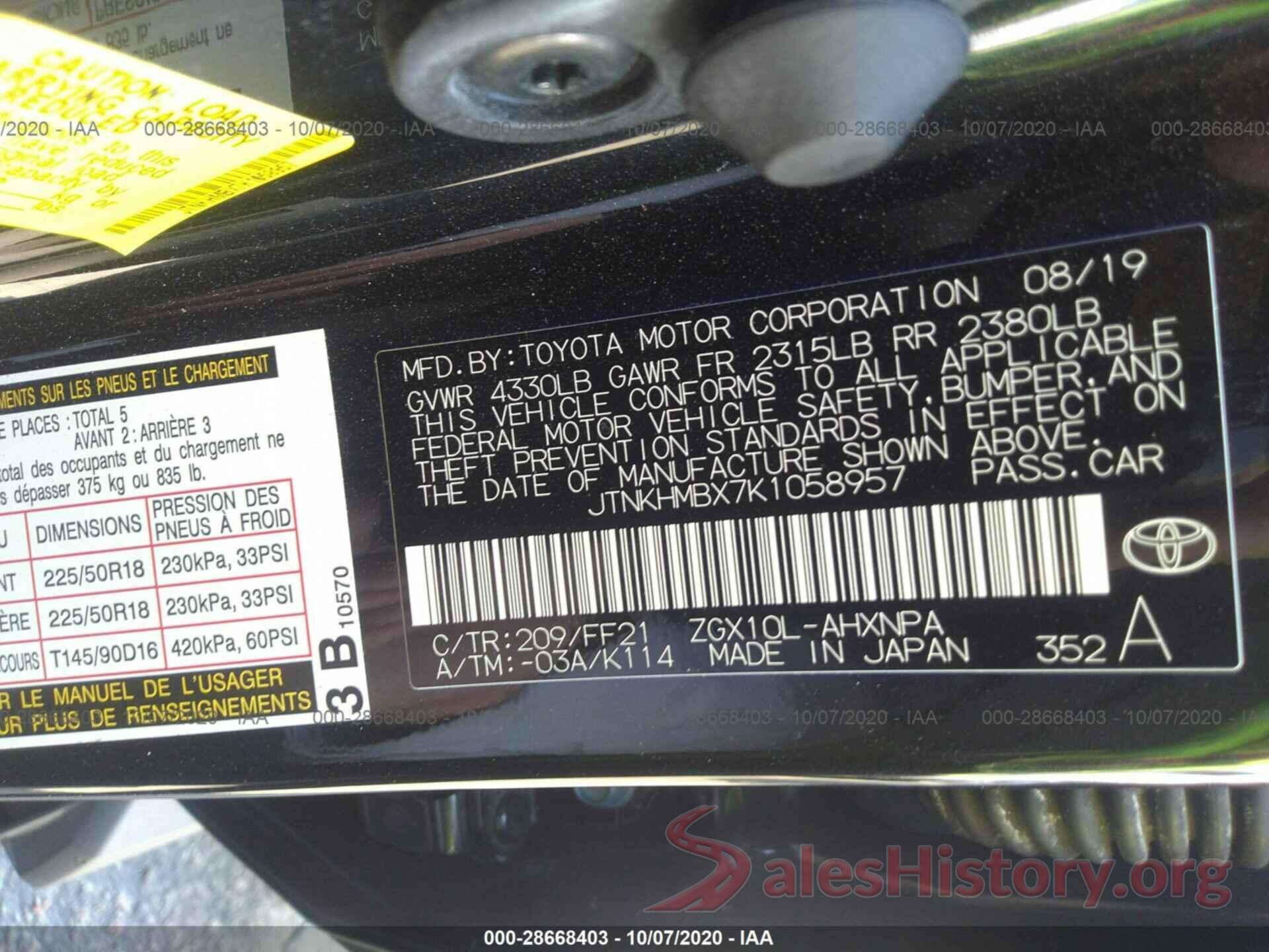 JTNKHMBX7K1058957 2019 TOYOTA C-HR