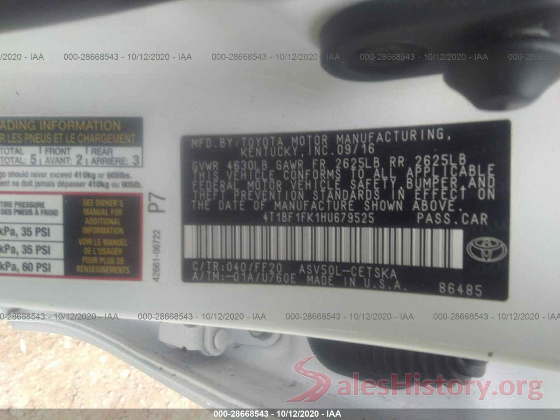 4T1BF1FK1HU679525 2017 TOYOTA CAMRY