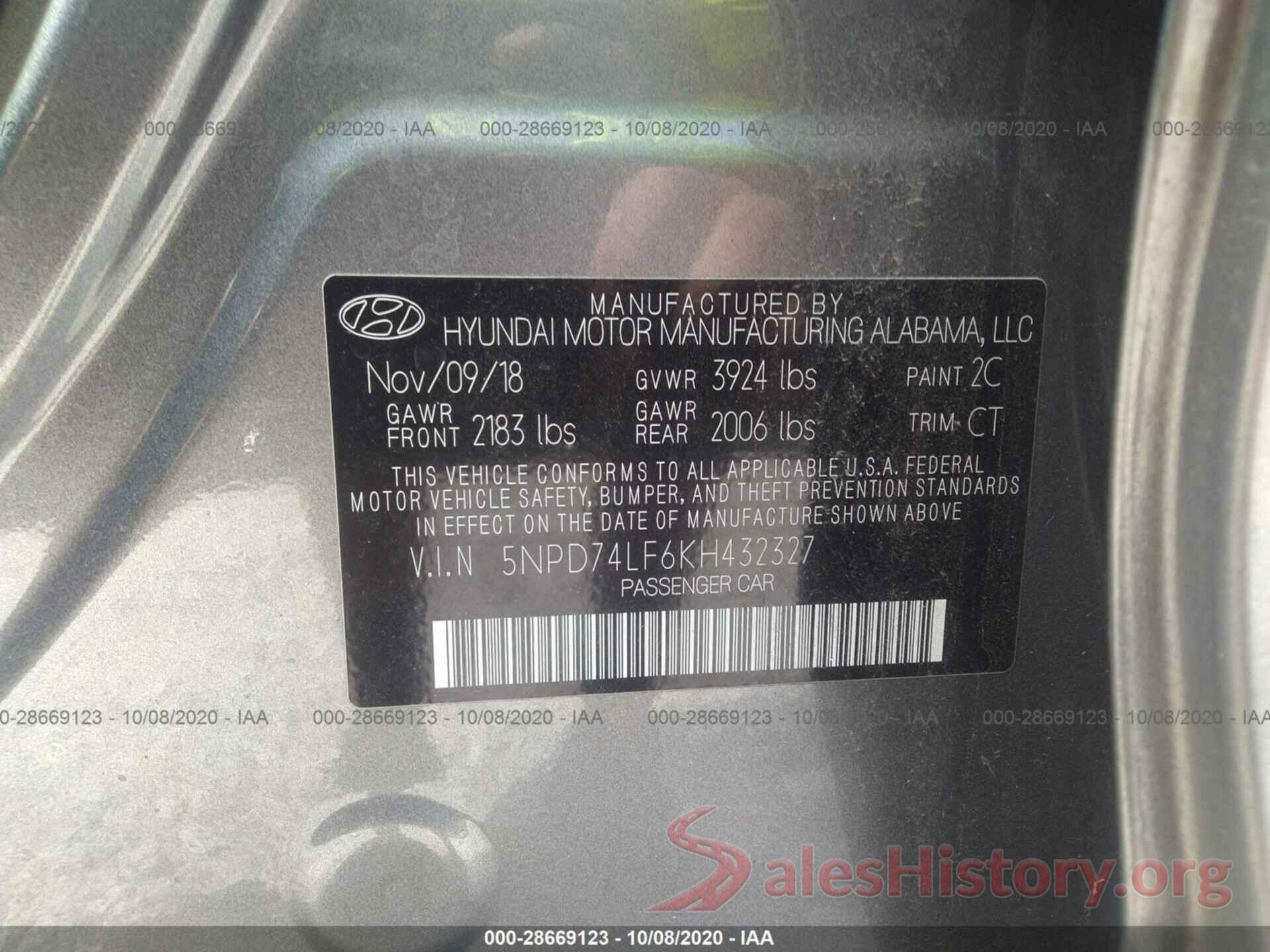 5NPD74LF6KH432327 2019 HYUNDAI ELANTRA