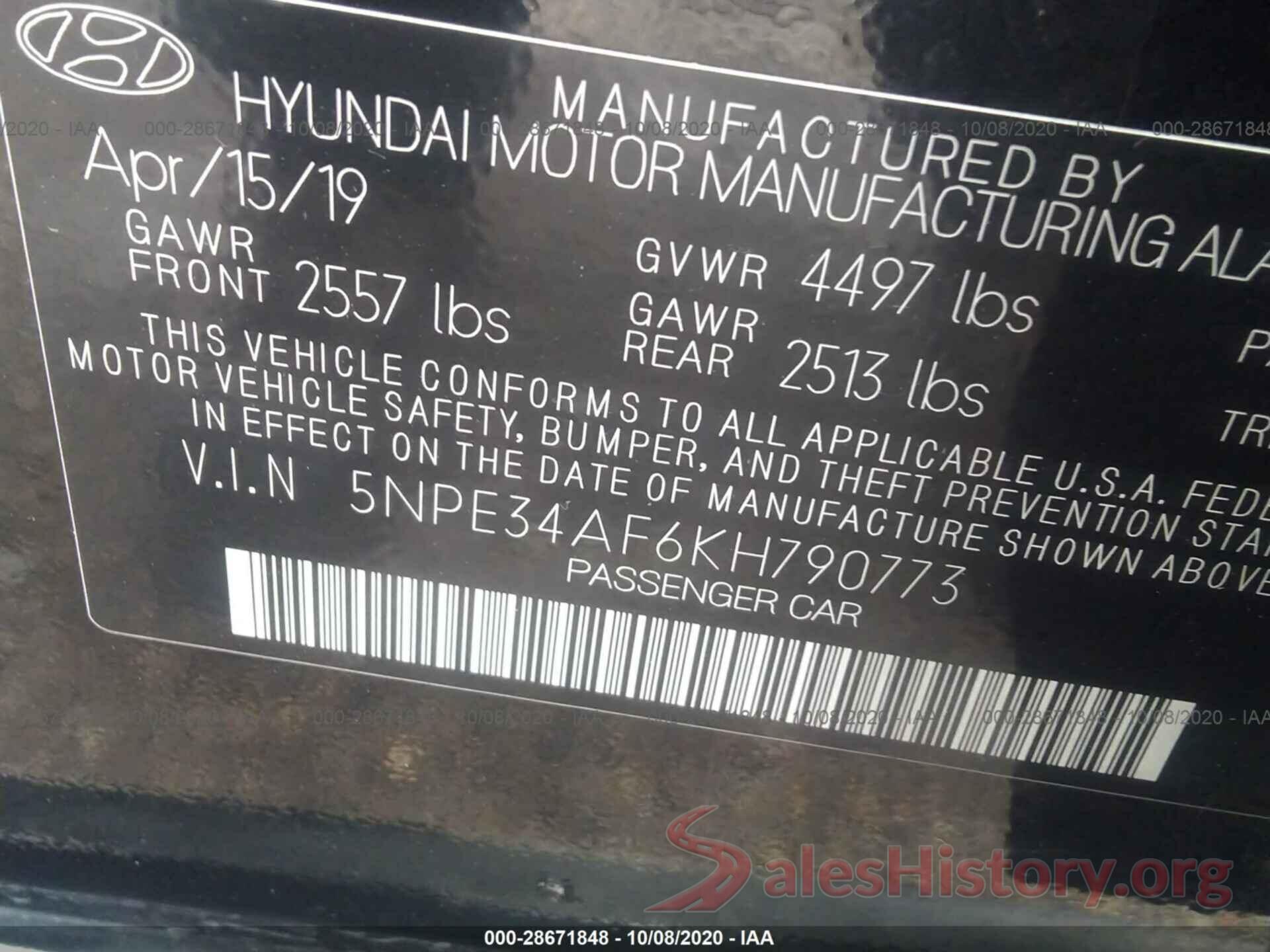 5NPE34AF6KH790773 2019 HYUNDAI SONATA