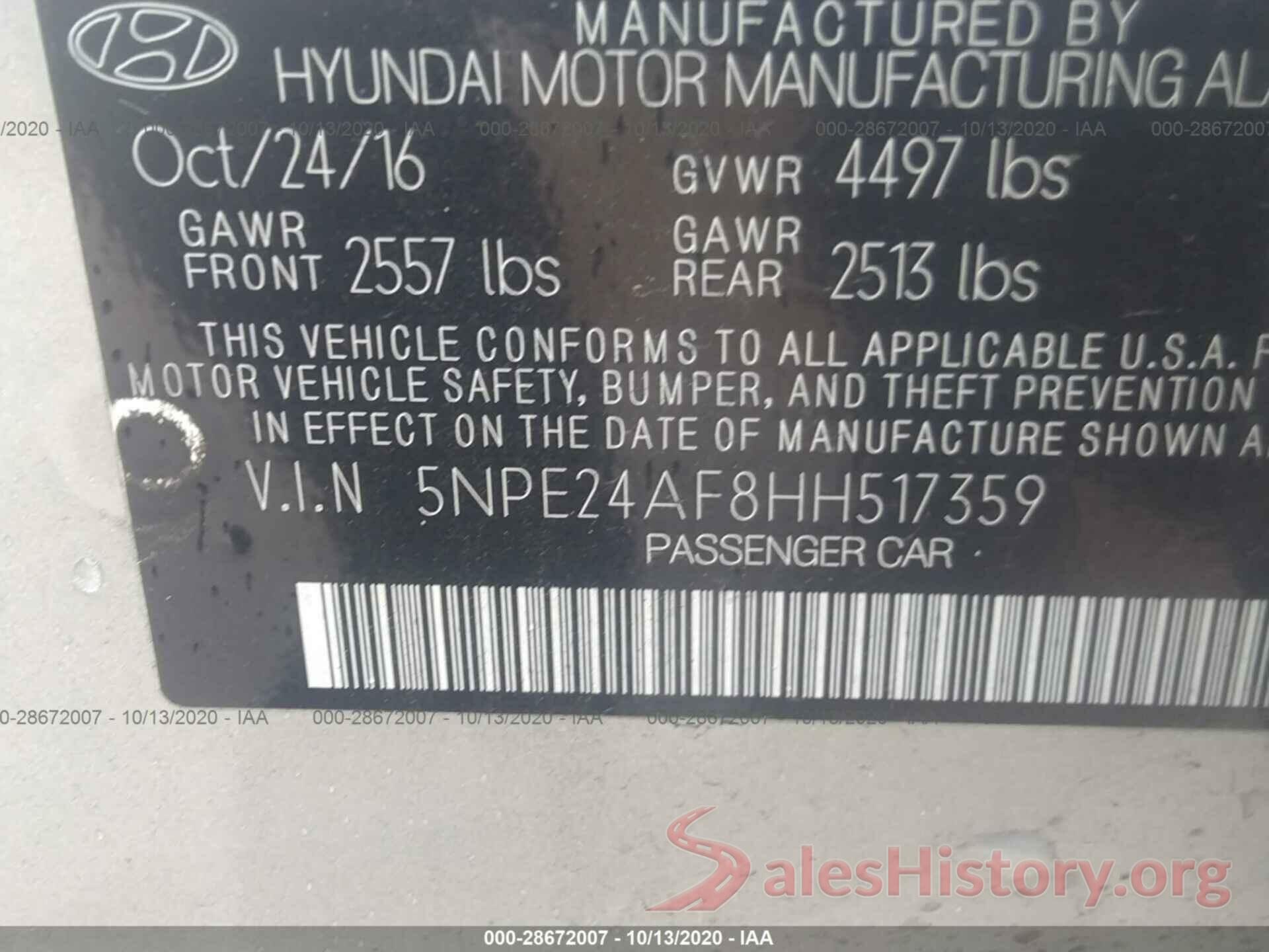 5NPE24AF8HH517359 2017 HYUNDAI SONATA