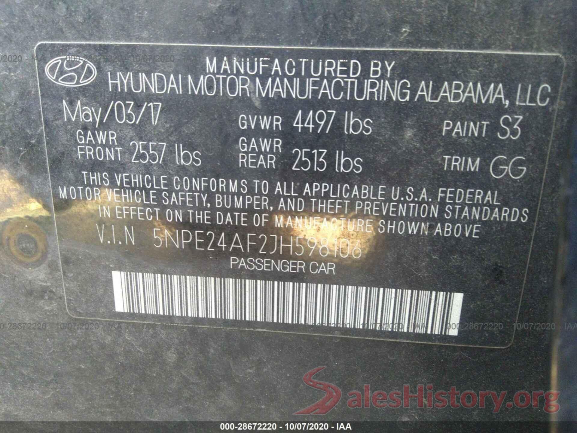 5NPE24AF2JH598106 2018 HYUNDAI SONATA