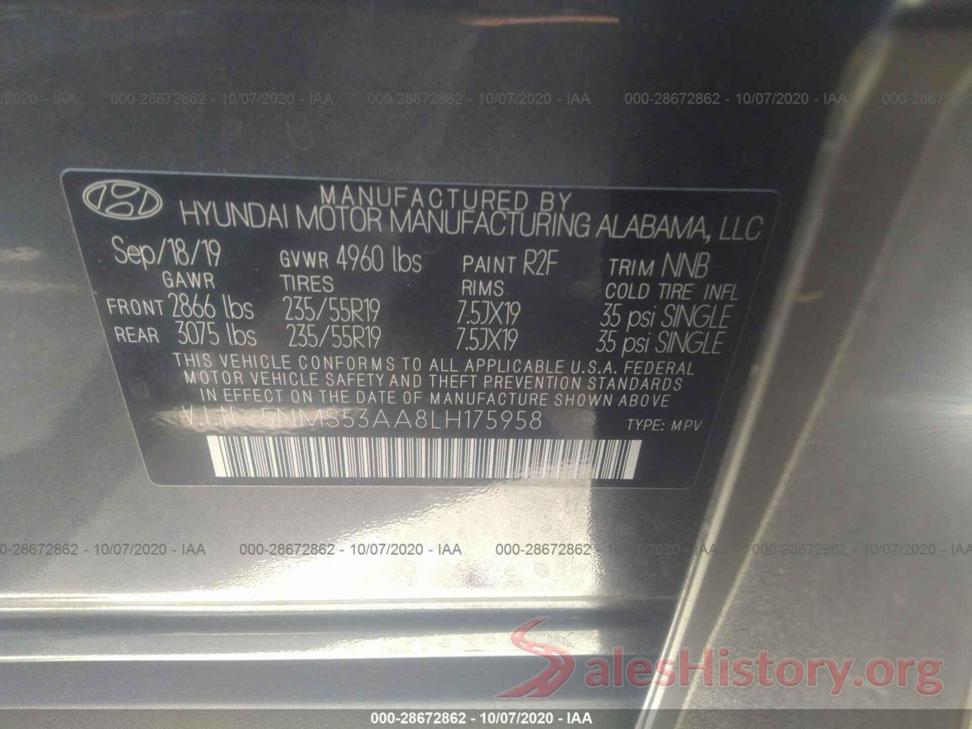 5NMS53AA8LH175958 2020 HYUNDAI SANTA FE