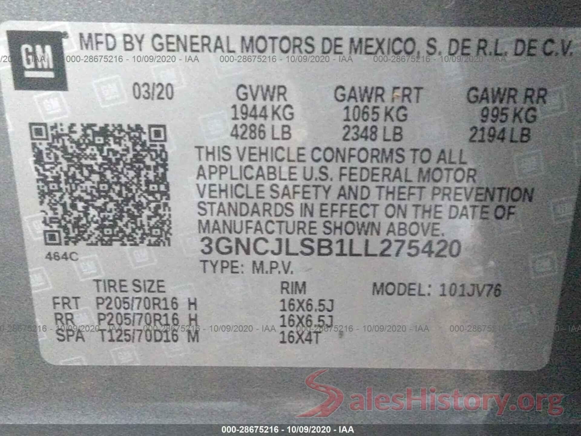 3GNCJLSB1LL275420 2020 CHEVROLET TRAX