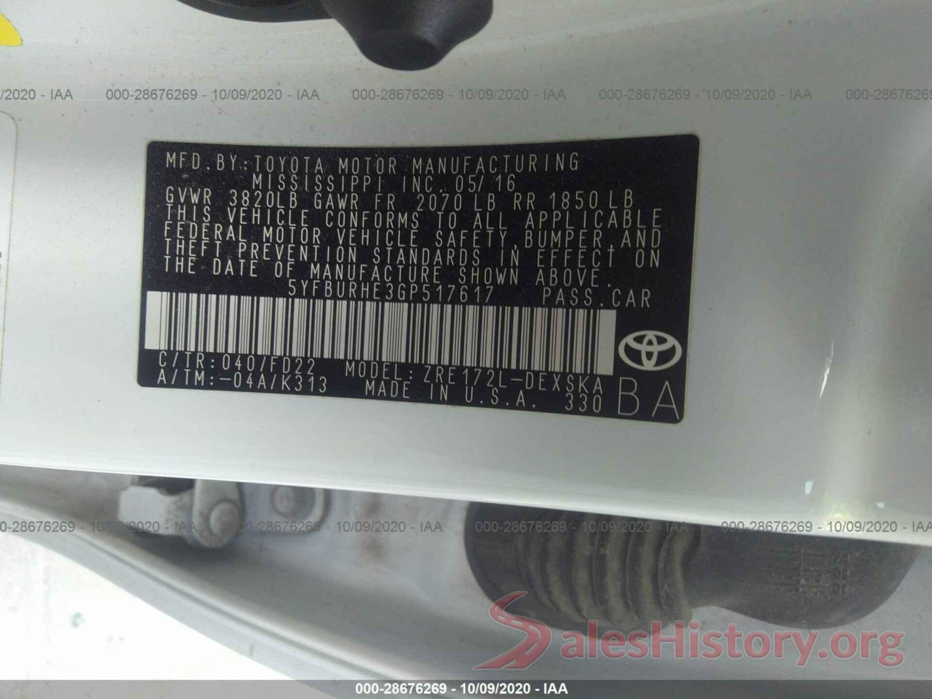 5YFBURHE3GP517617 2016 TOYOTA COROLLA