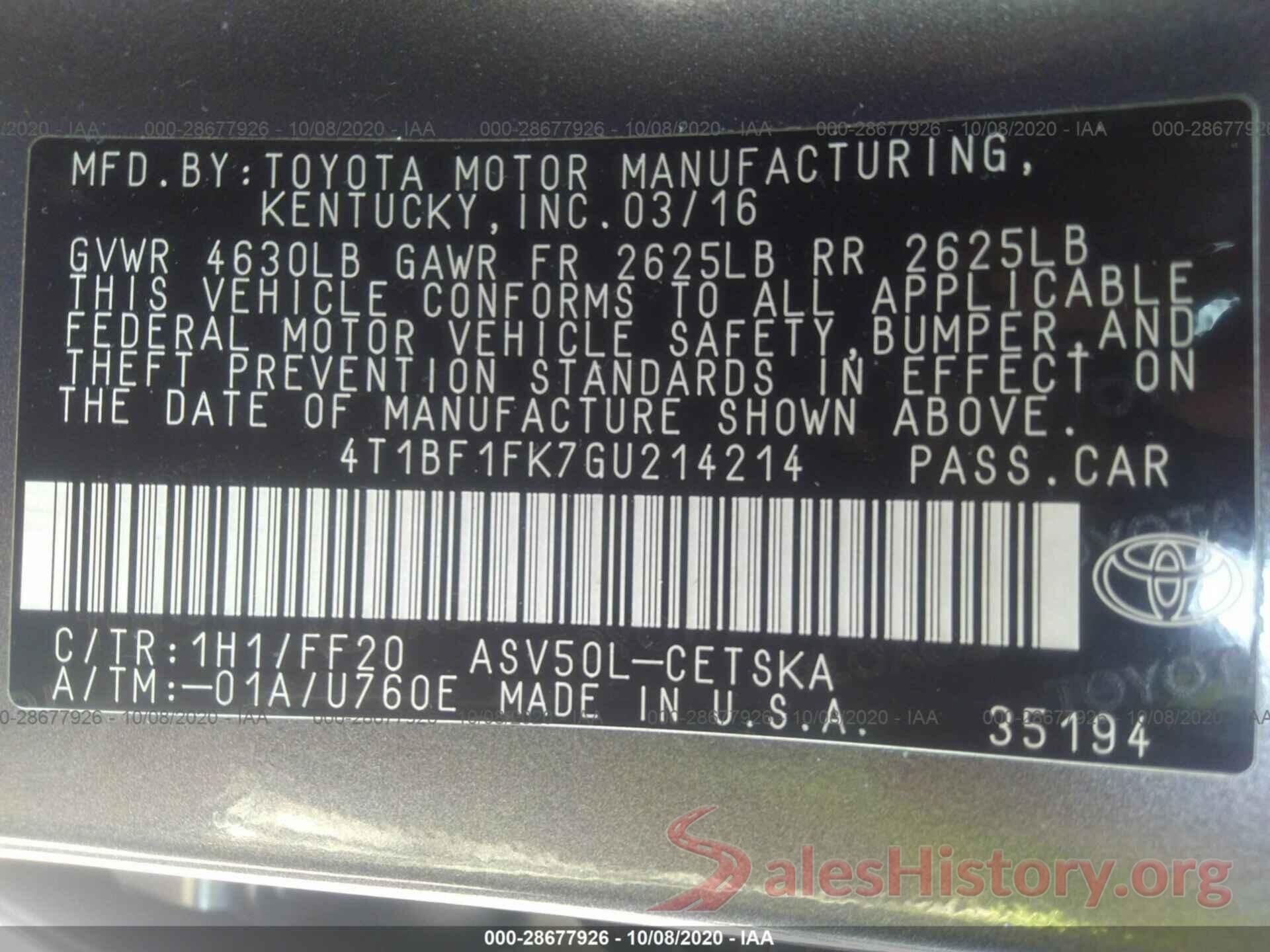 4T1BF1FK7GU214214 2016 TOYOTA CAMRY