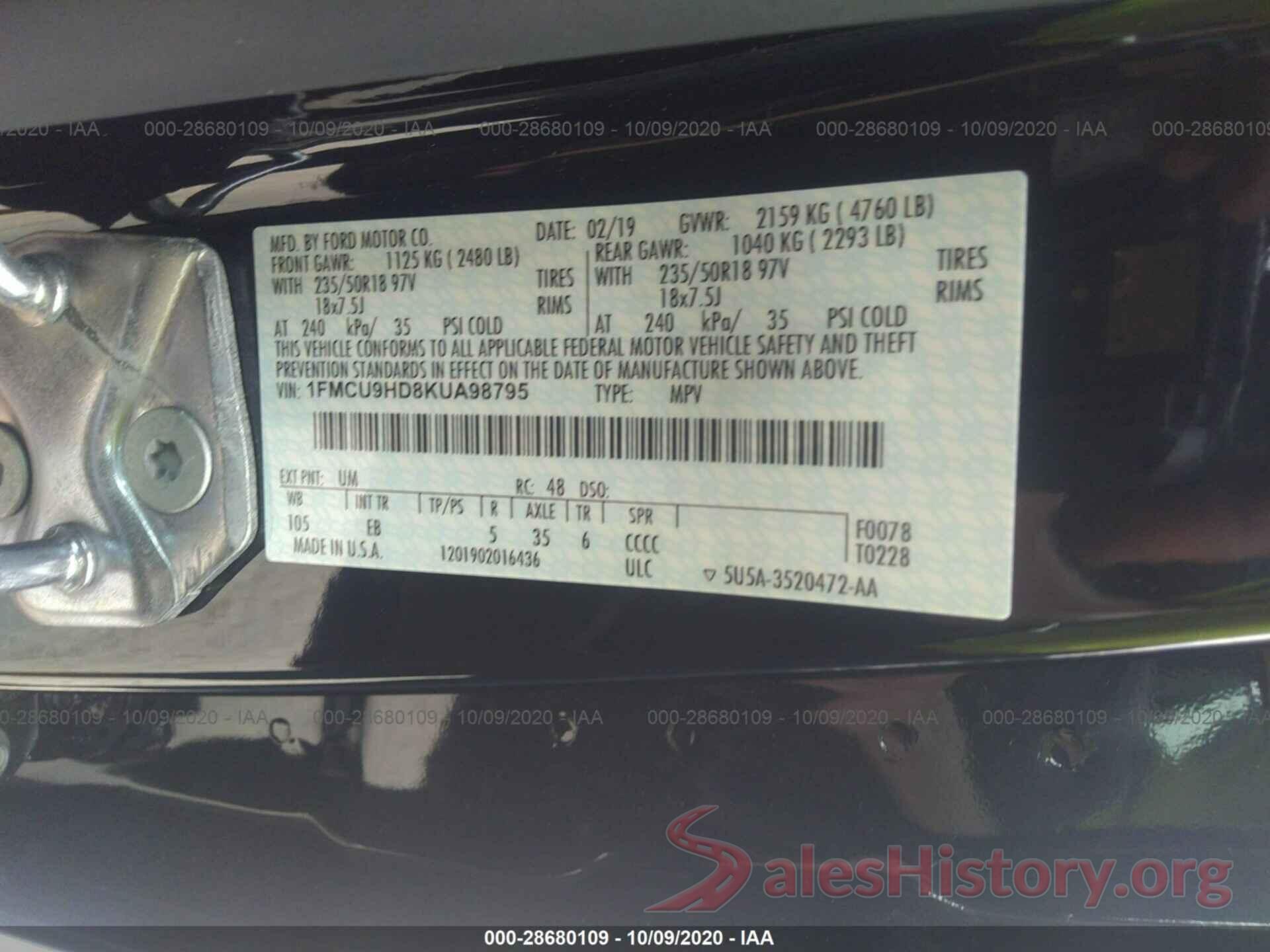 1FMCU9HD8KUA98795 2019 FORD ESCAPE