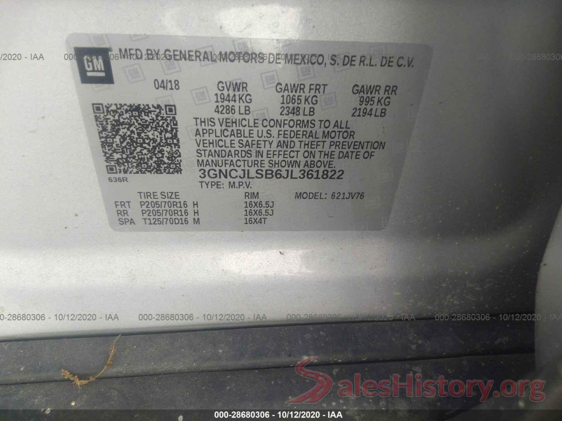 3GNCJLSB6JL361822 2018 CHEVROLET TRAX