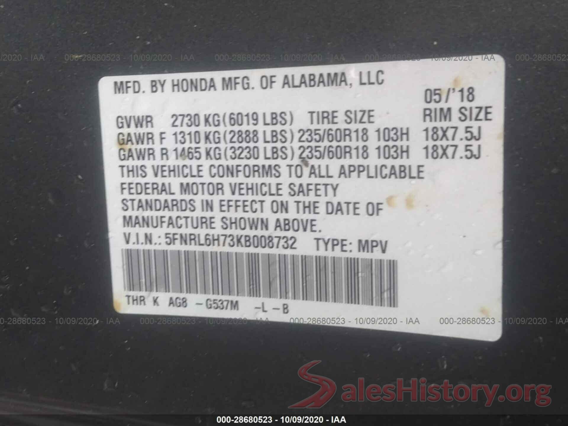 5FNRL6H73KB008732 2019 HONDA ODYSSEY