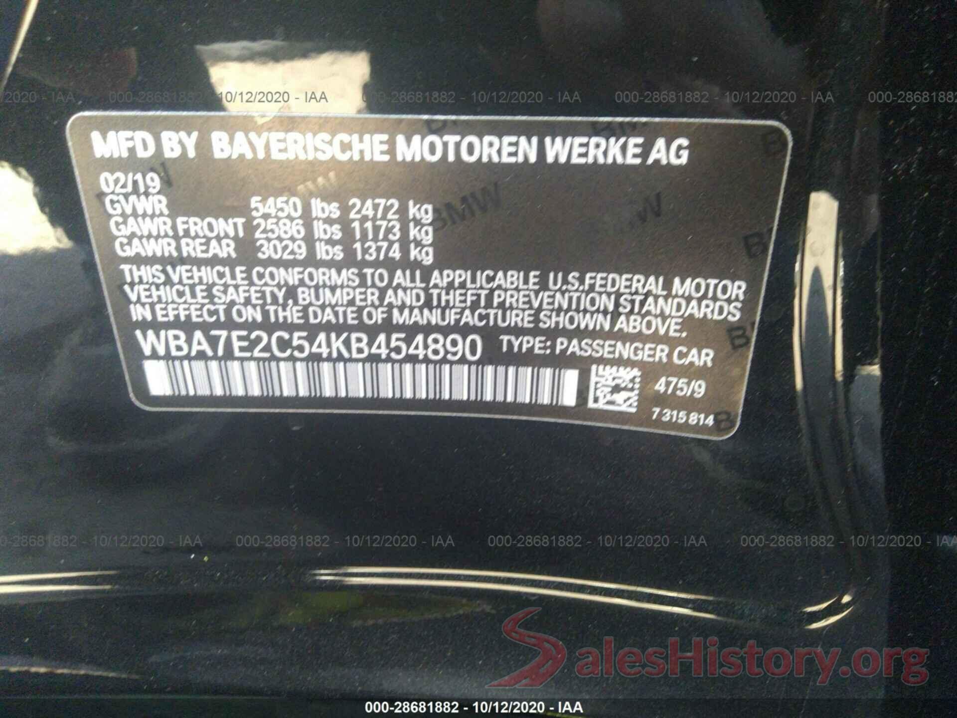 WBA7E2C54KB454890 2019 BMW 7 SERIES