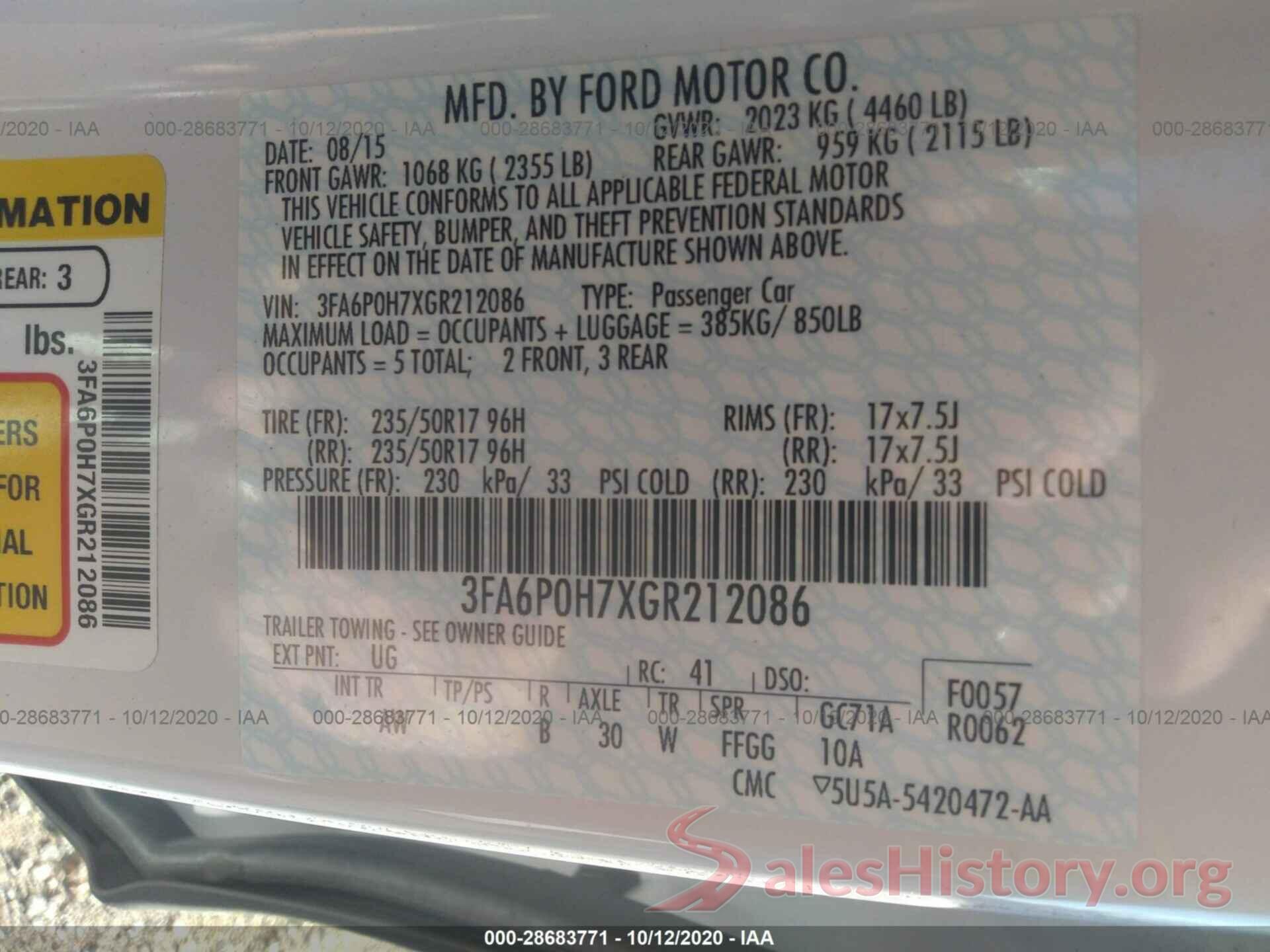 3FA6P0H7XGR212086 2016 FORD FUSION