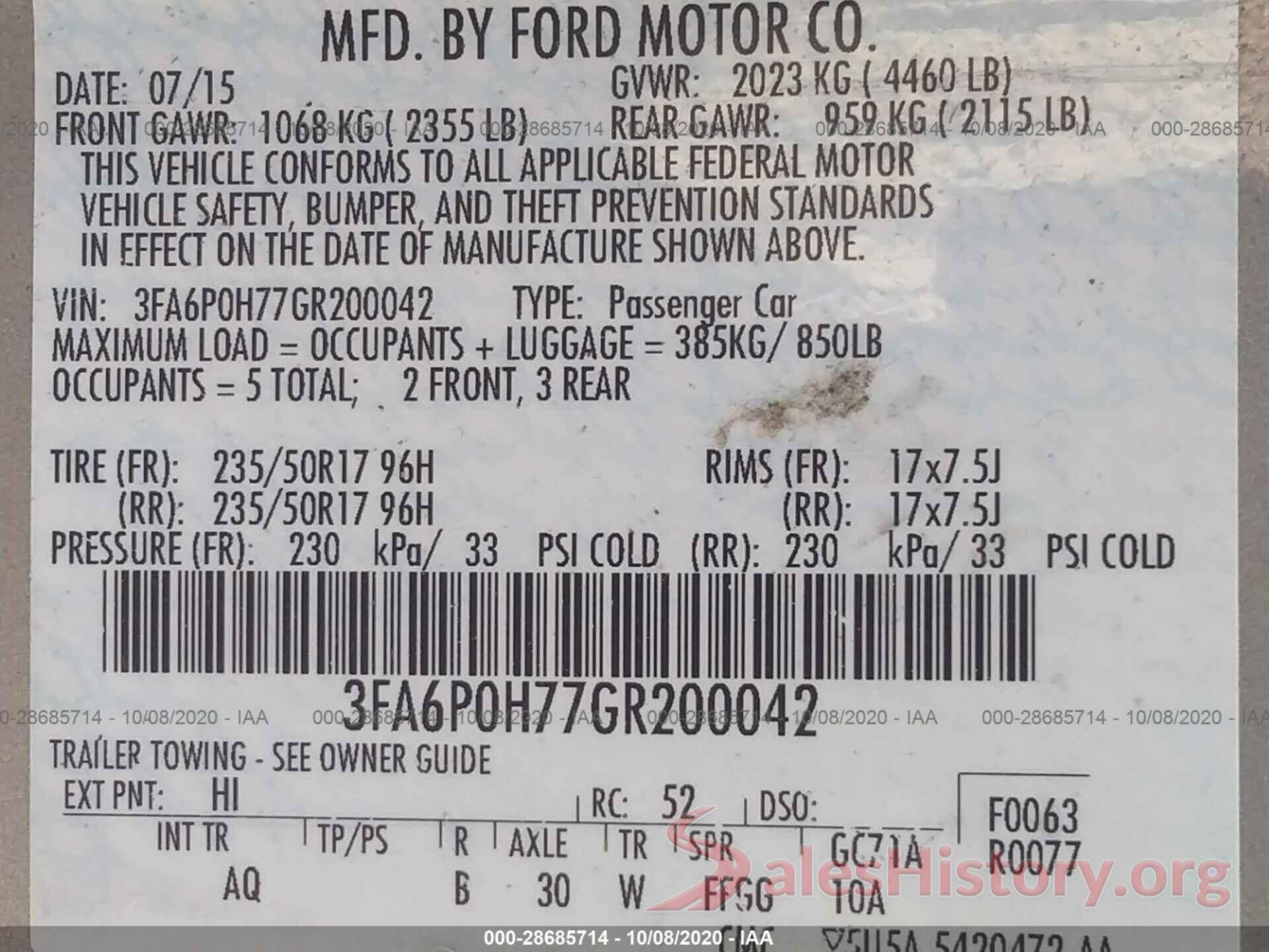 3FA6P0H77GR200042 2016 FORD FUSION