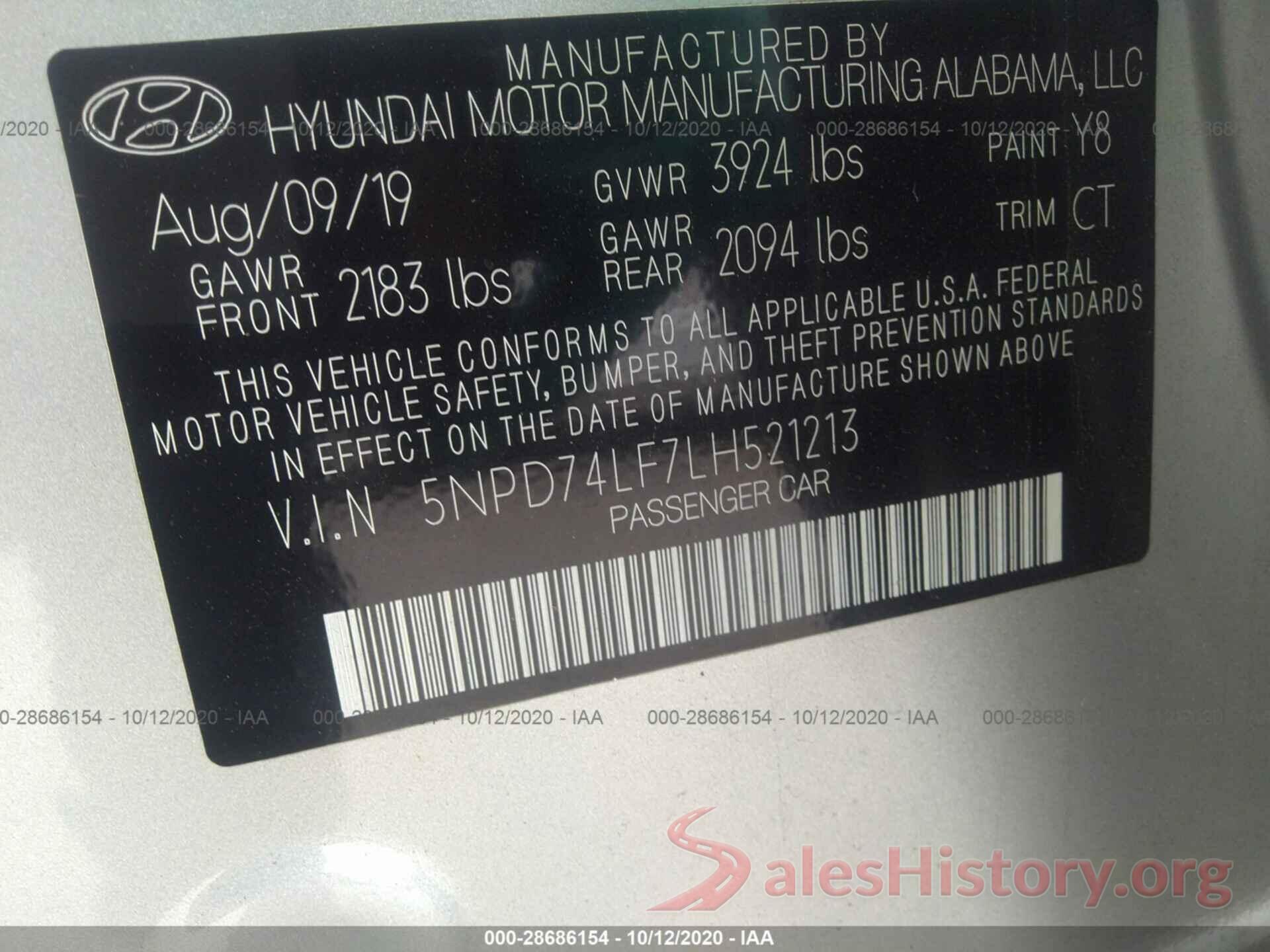 5NPD74LF7LH521213 2020 HYUNDAI ELANTRA