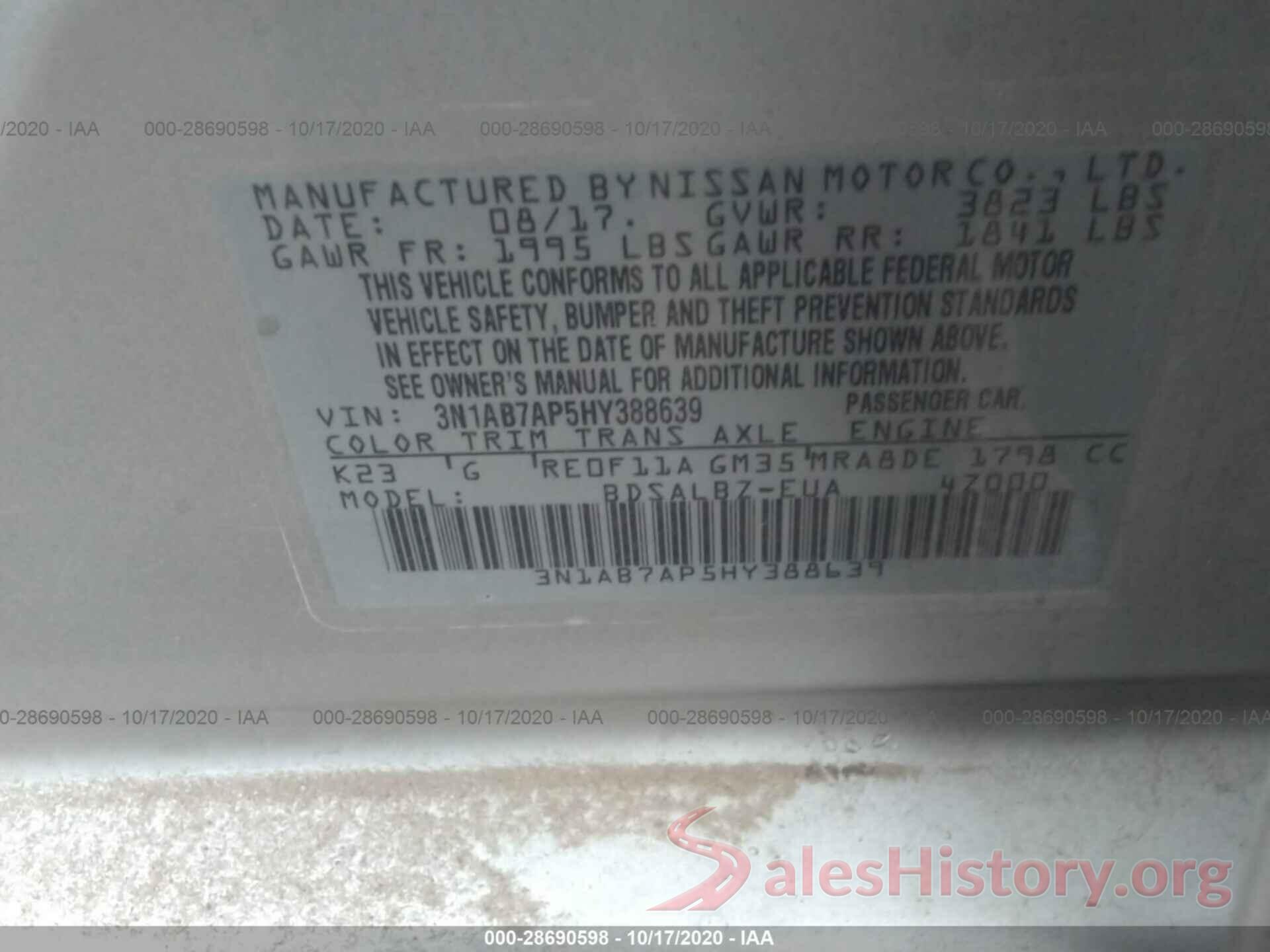 3N1AB7AP5HY388639 2017 NISSAN SENTRA