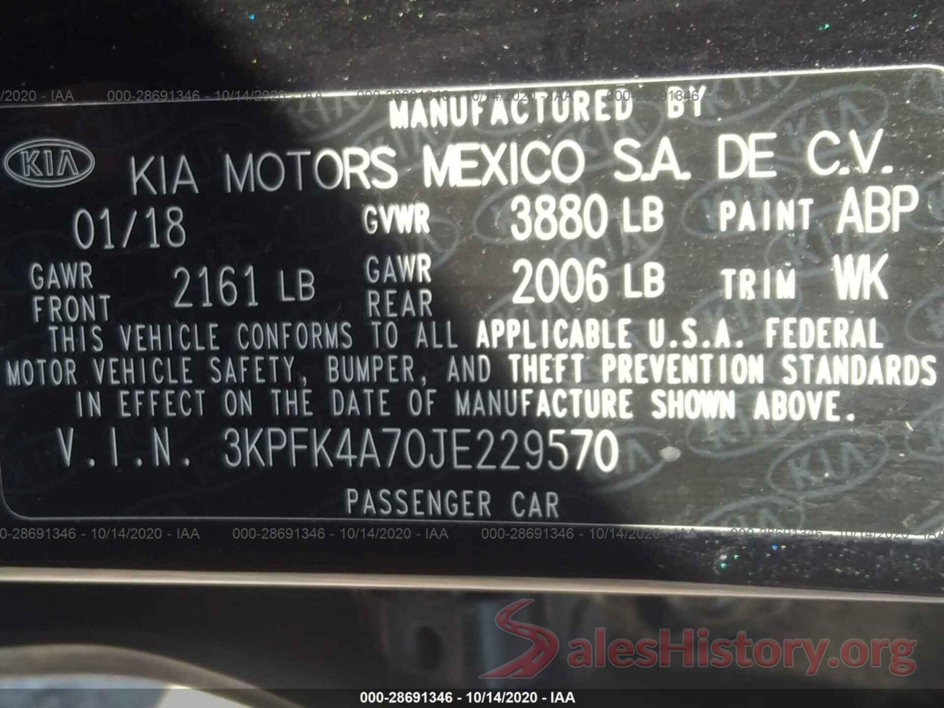 3KPFK4A70JE229570 2018 KIA FORTE