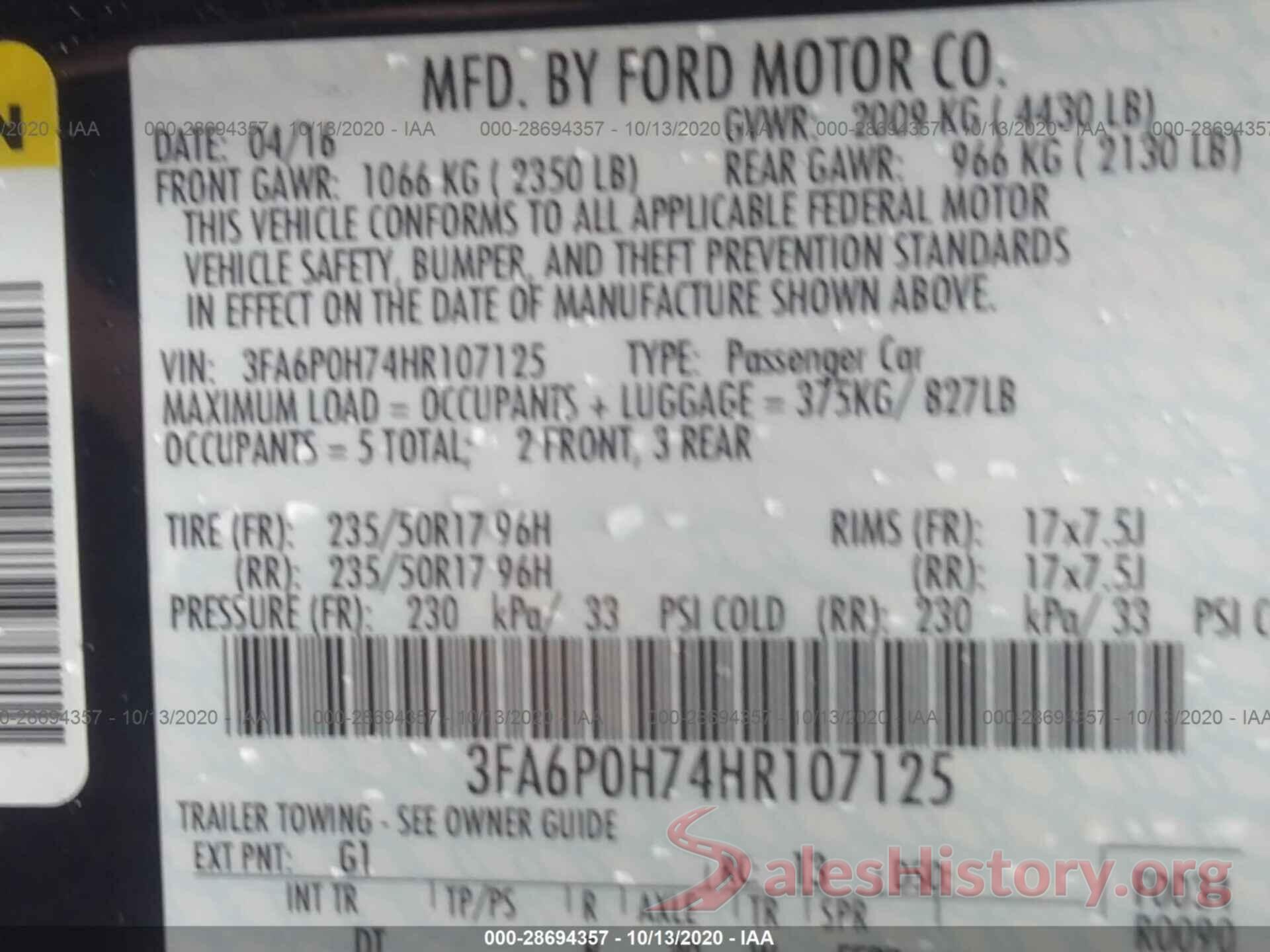 3FA6P0H74HR107125 2017 FORD FUSION