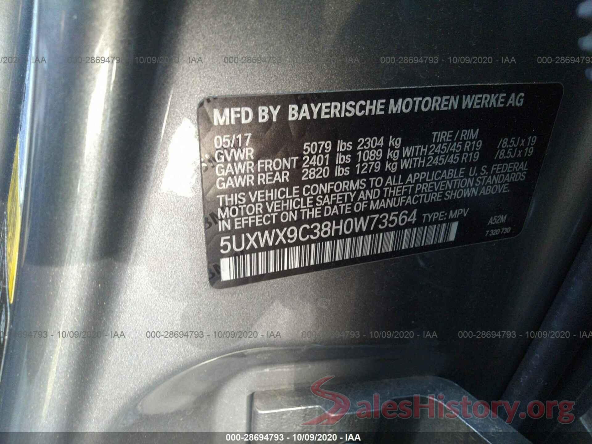 5UXWX9C38H0W73564 2017 BMW X3