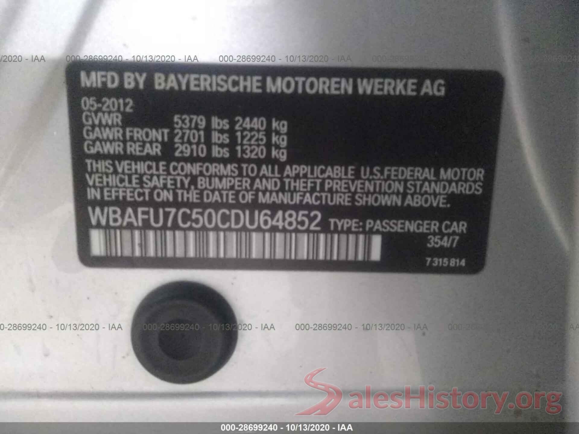 WBAFU7C50CDU64852 2012 BMW 5 SERIES