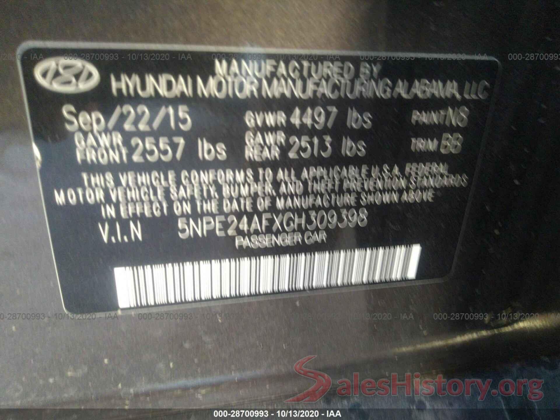 5NPE24AFXGH309398 2016 HYUNDAI SONATA