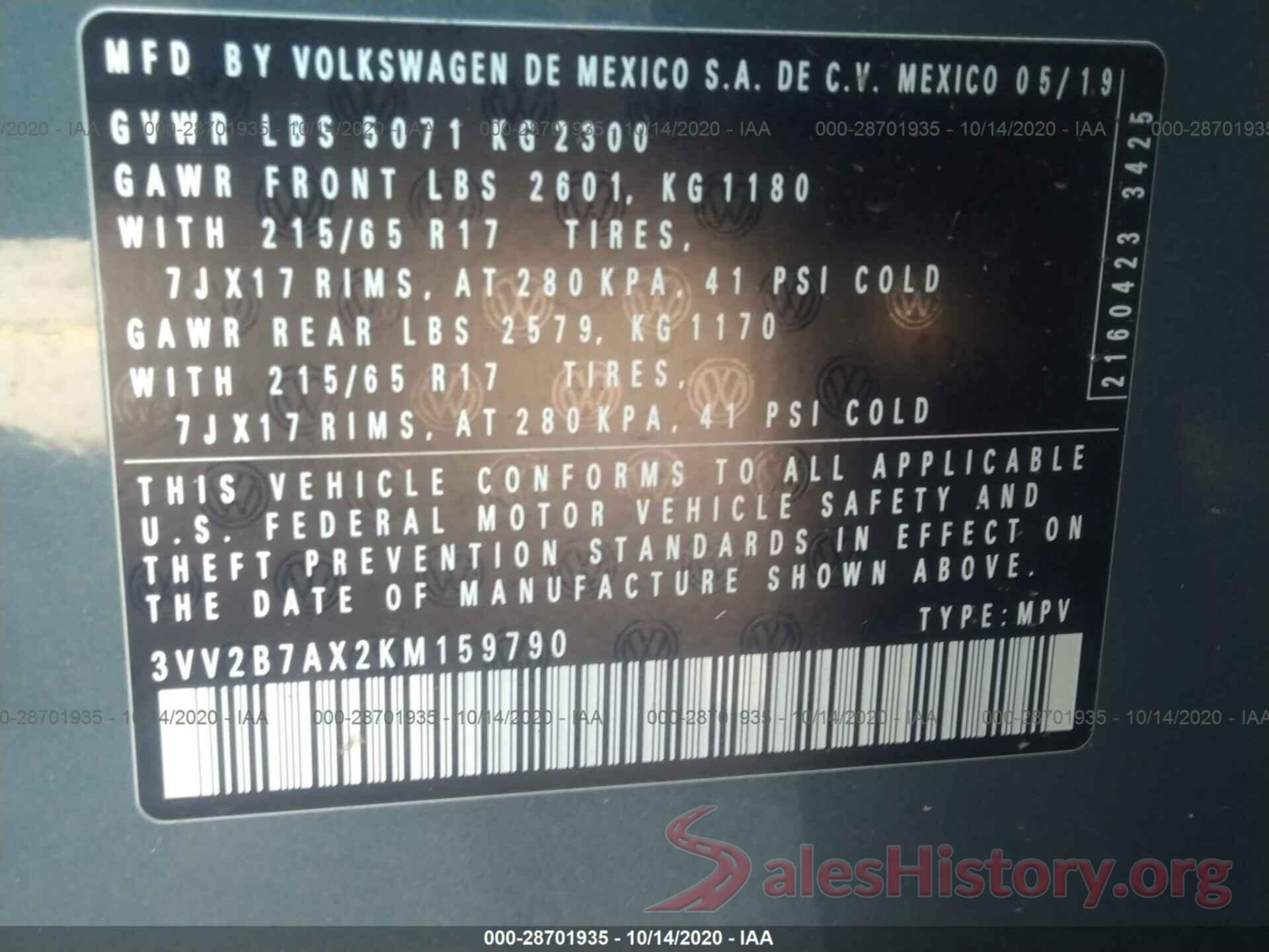 3VV2B7AX2KM159790 2019 VOLKSWAGEN TIGUAN