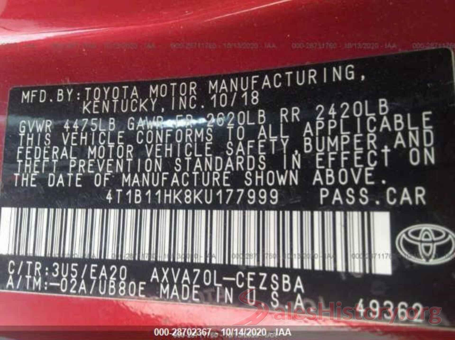 4T1B11HK8KU177999 2019 TOYOTA CAMRY