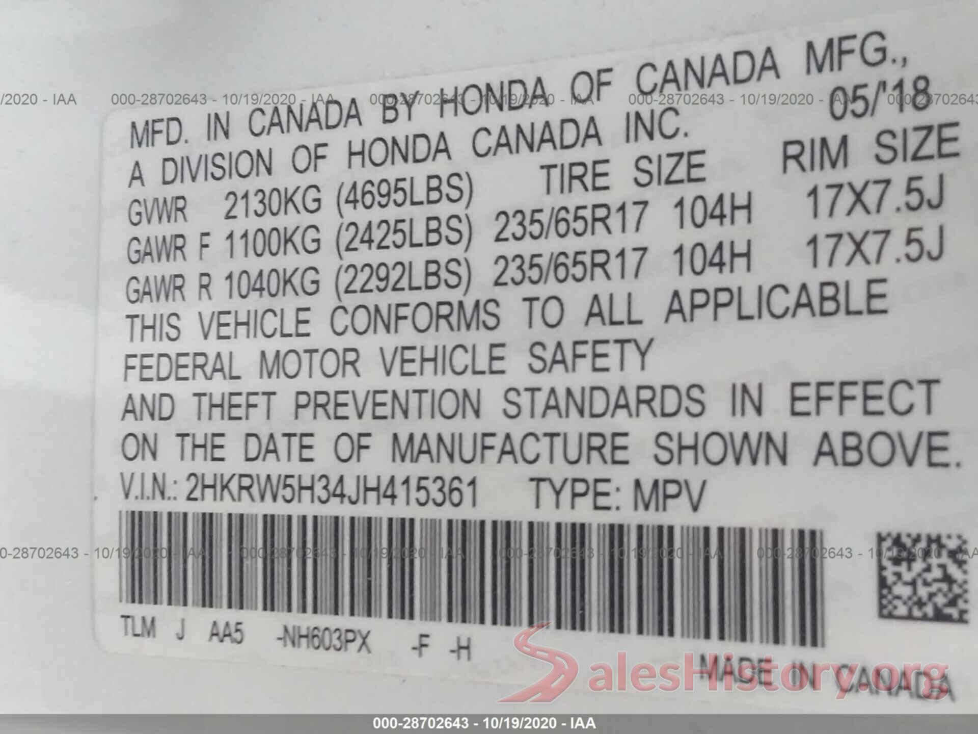 2HKRW5H34JH415361 2018 HONDA CR-V