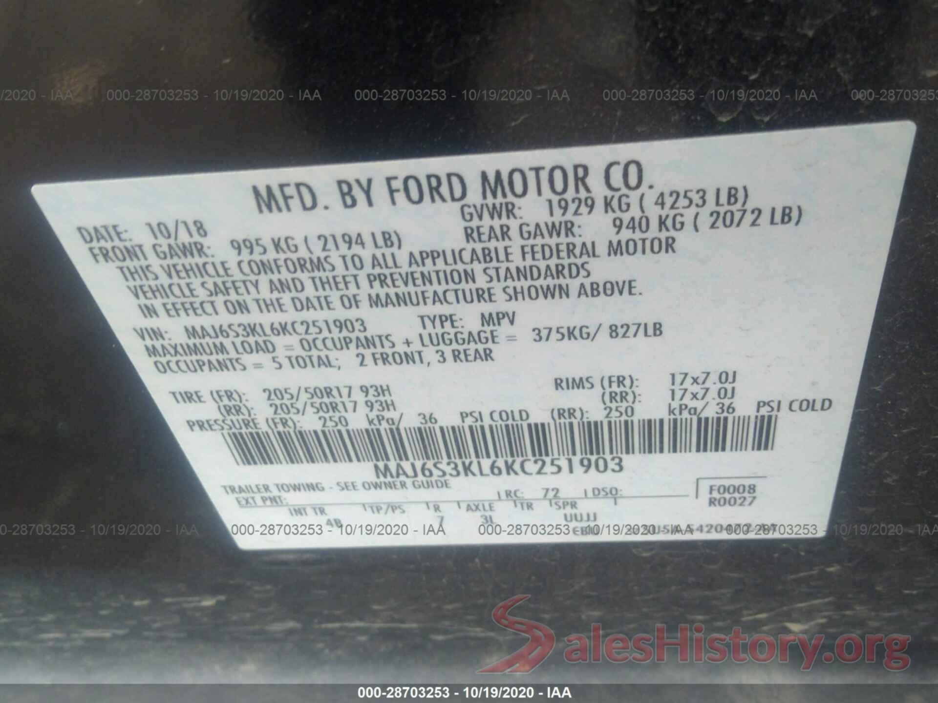 MAJ6S3KL6KC251903 2019 FORD ECOSPORT