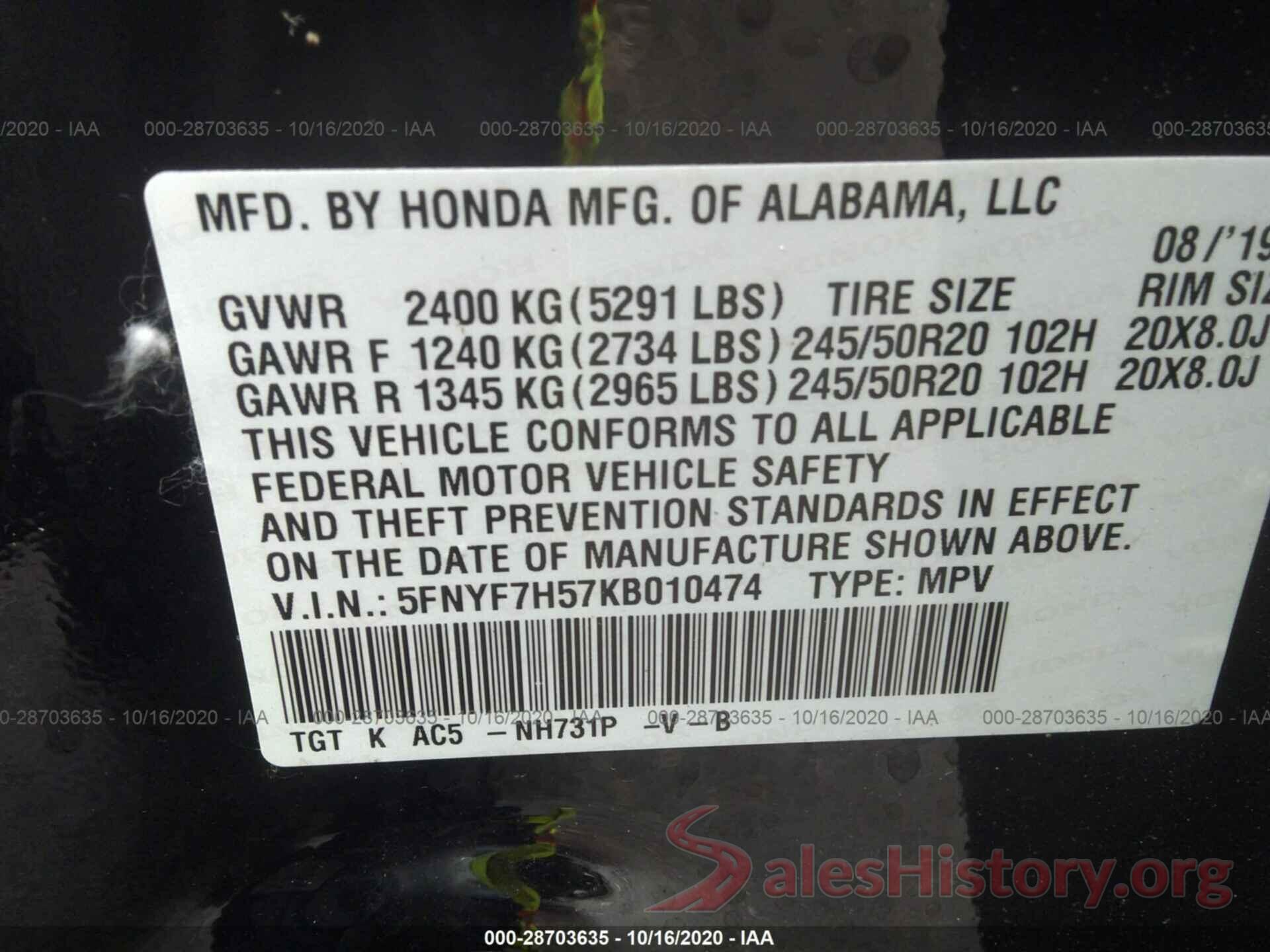 5FNYF7H57KB010474 2019 HONDA PASSPORT