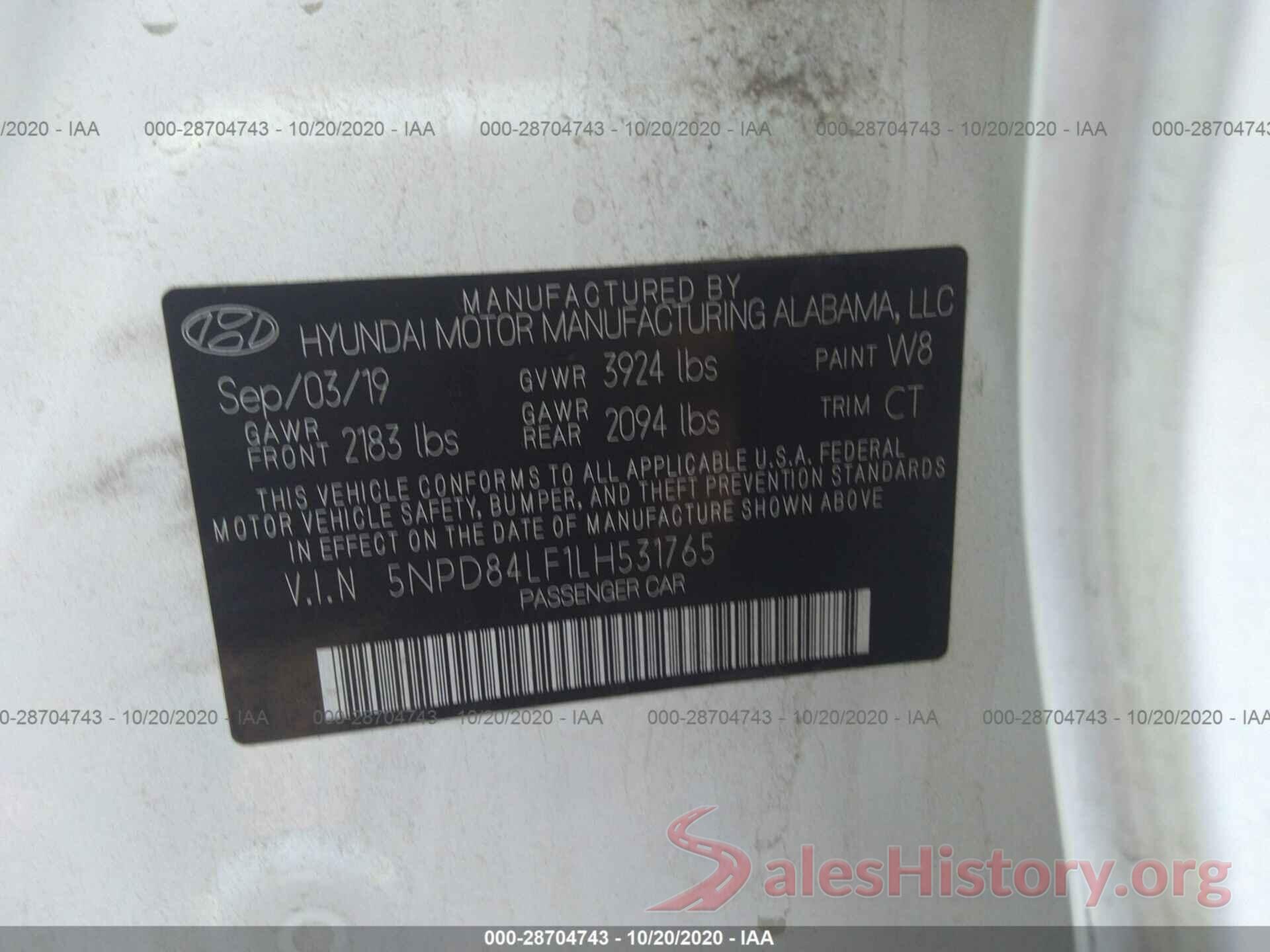 5NPD84LF1LH531765 2020 HYUNDAI ELANTRA