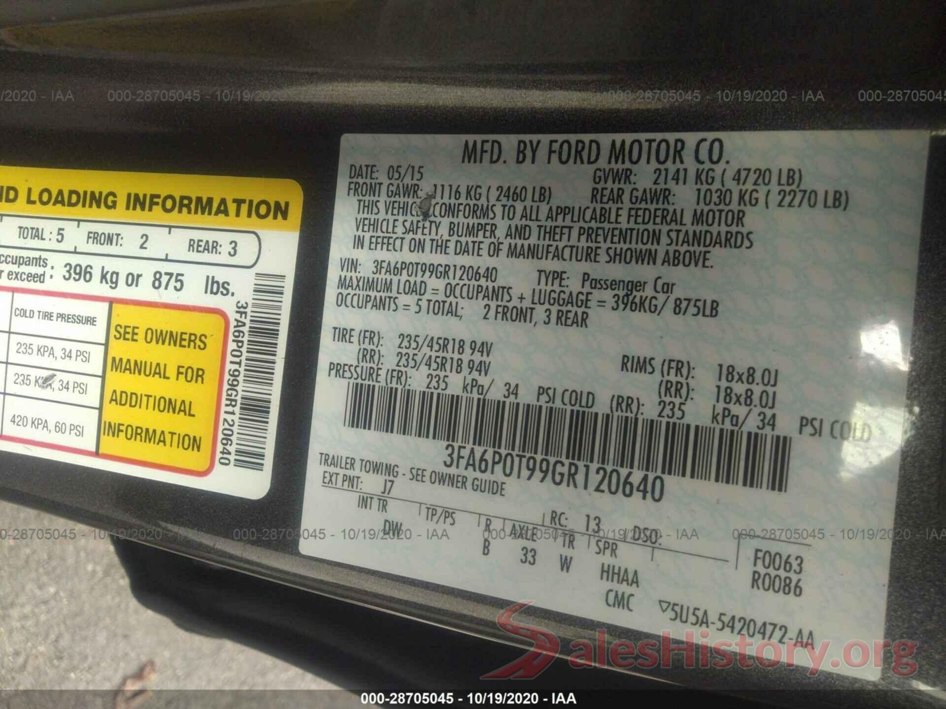 3FA6P0T99GR120640 2016 FORD FUSION