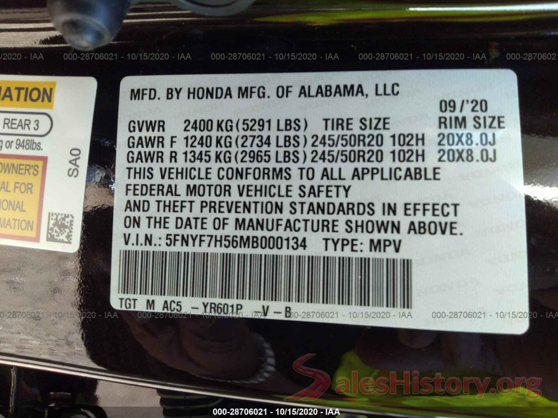 5FNYF7H56MB000134 2021 HONDA PASSPORT