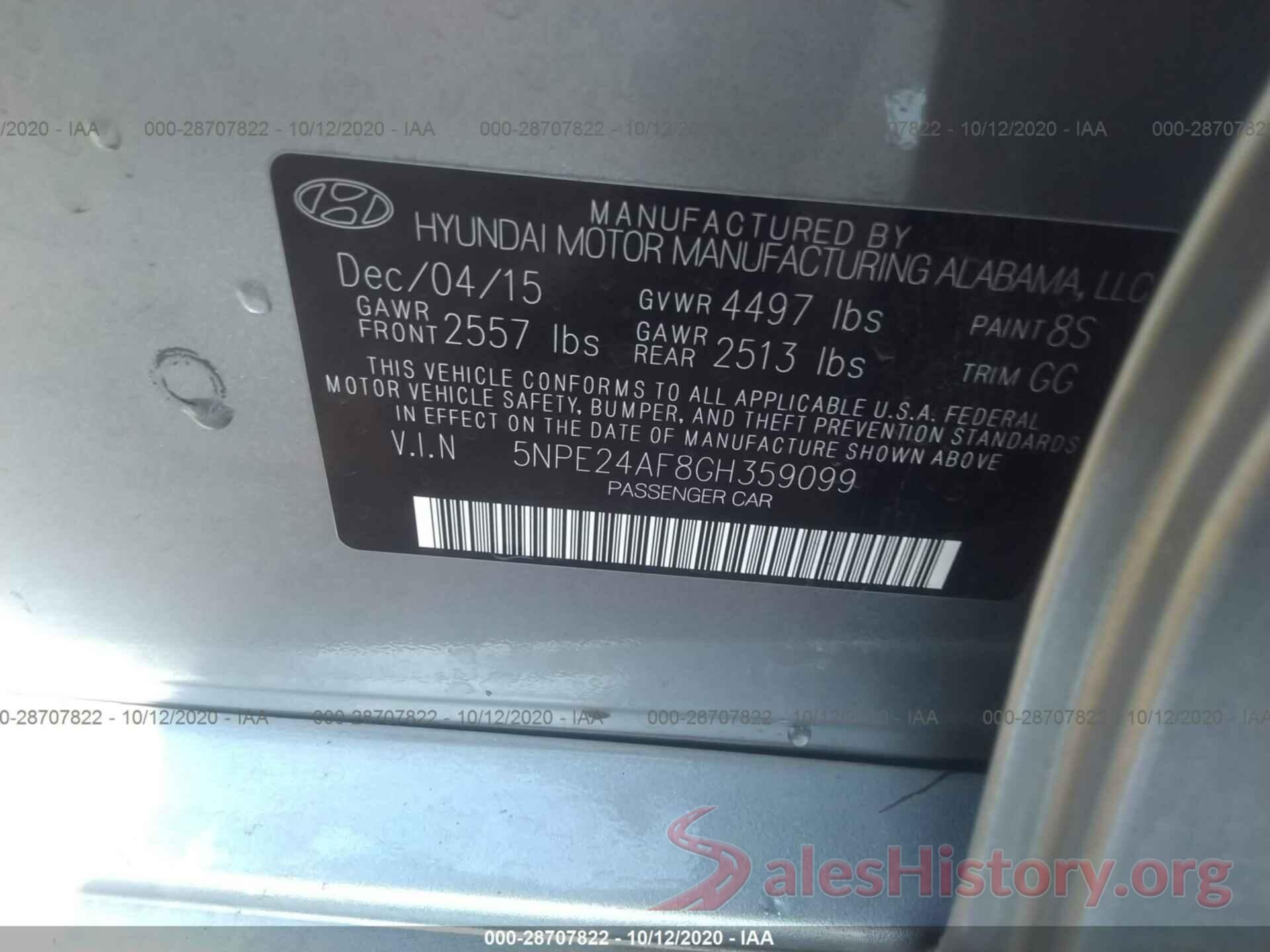 5NPE24AF8GH359099 2016 HYUNDAI SONATA