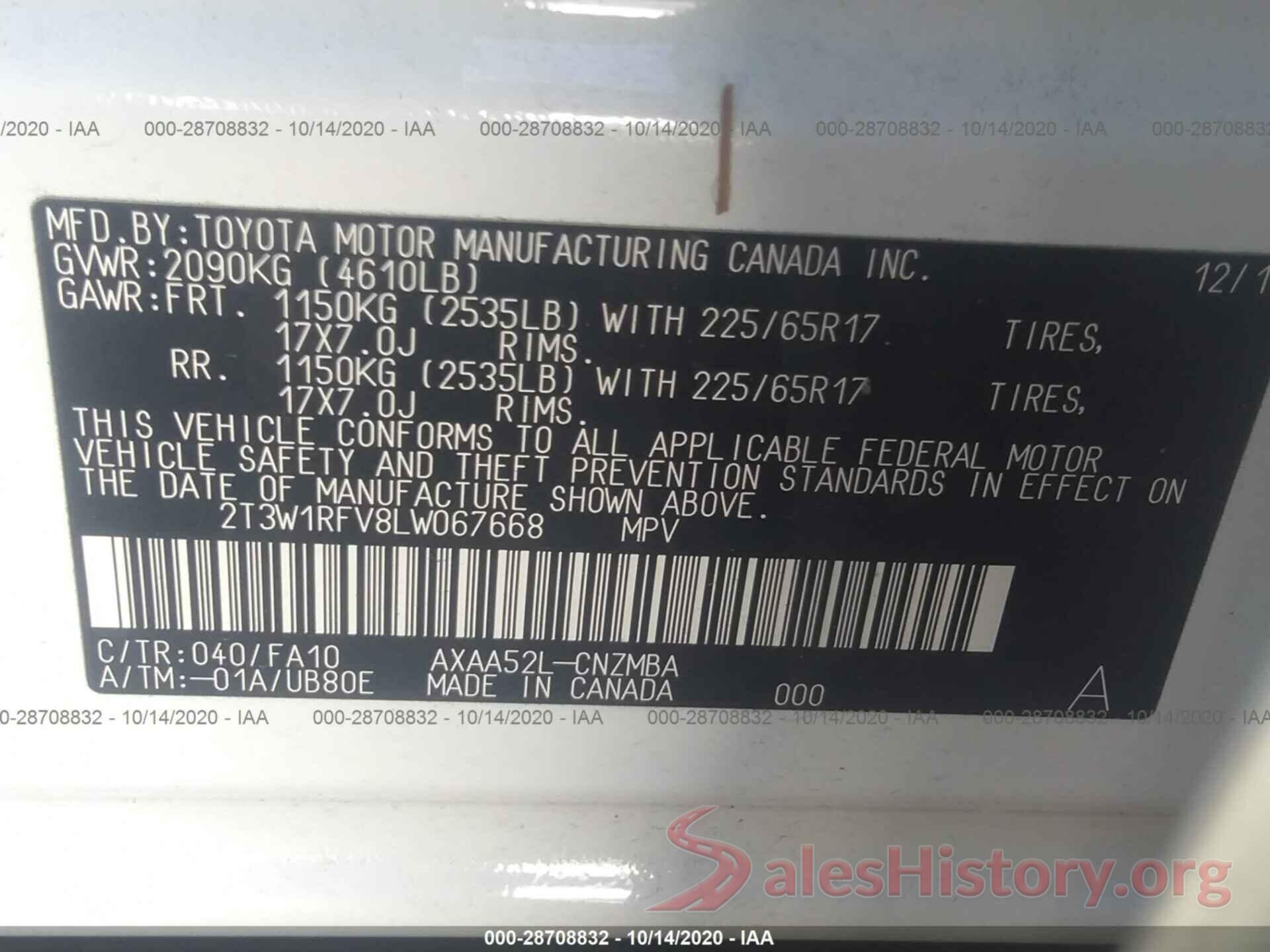 2T3W1RFV8LW067668 2020 TOYOTA RAV4