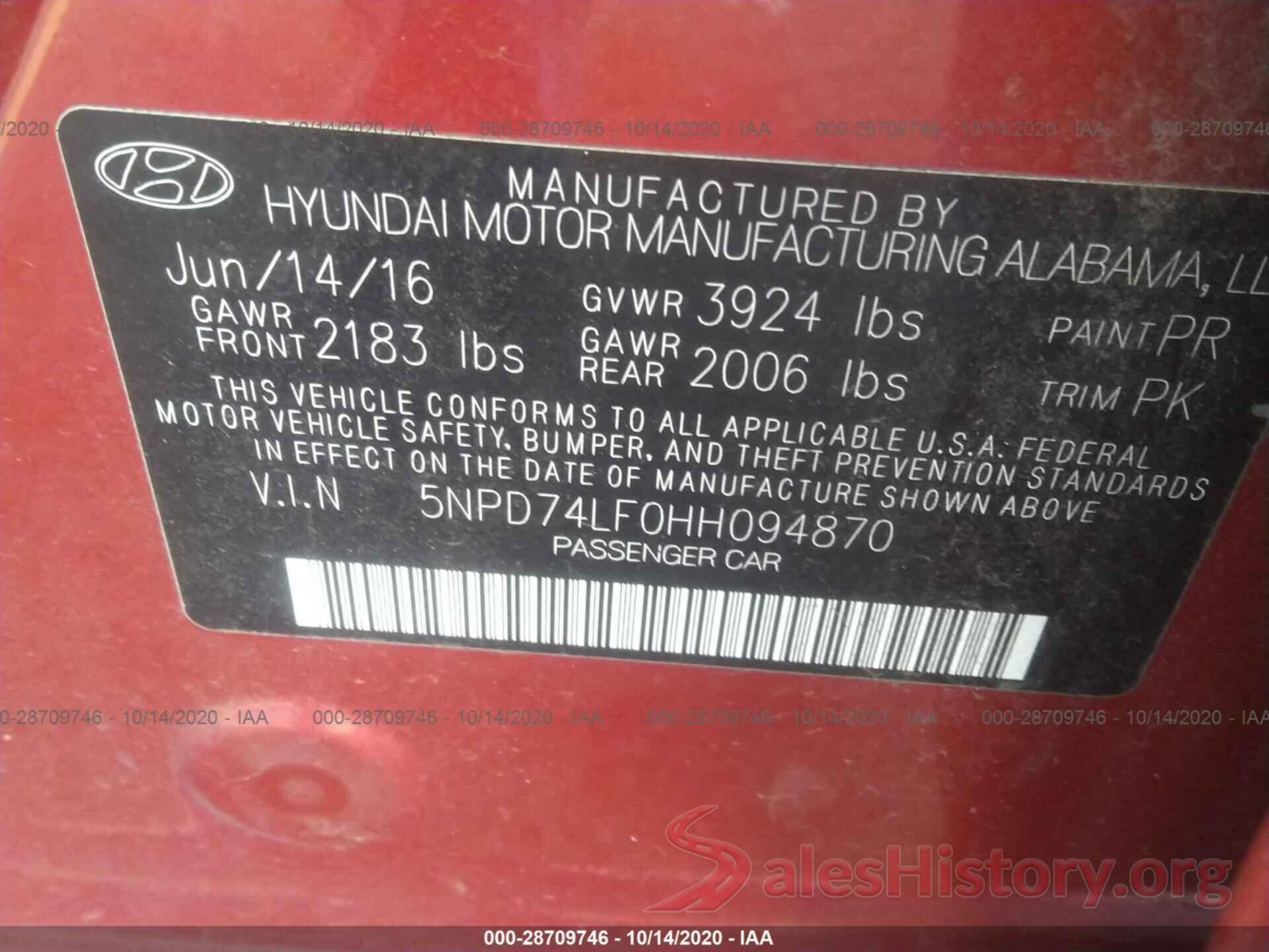 5NPD74LF0HH094870 2017 HYUNDAI ELANTRA