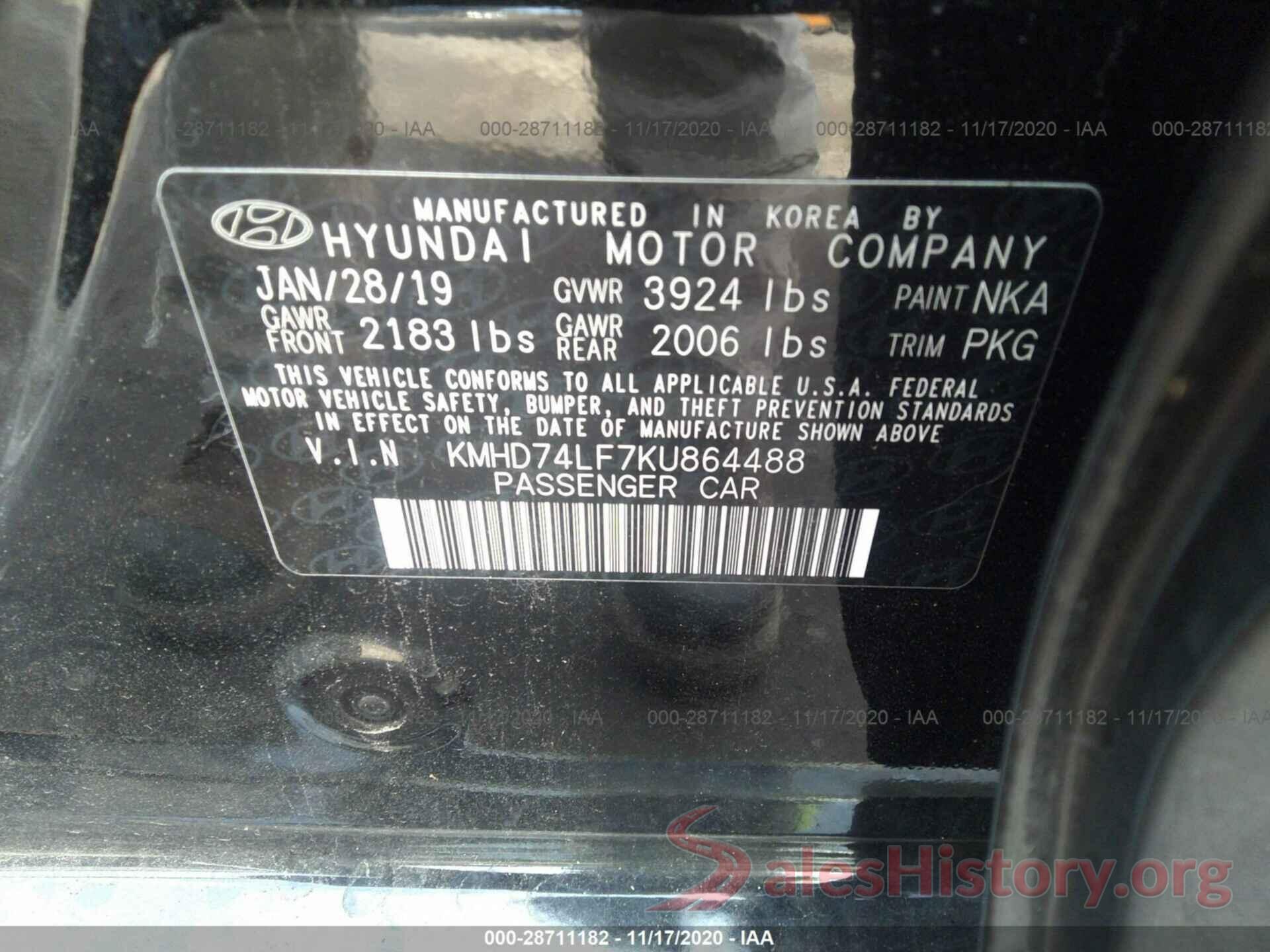 KMHD74LF7KU864488 2019 HYUNDAI ELANTRA