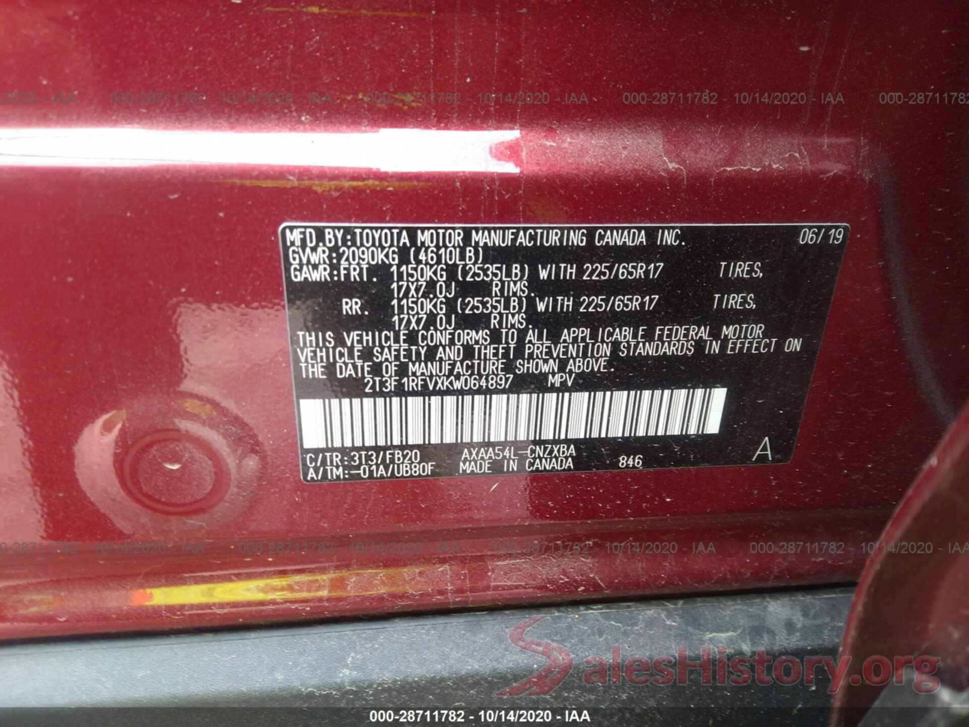 2T3F1RFVXKW064897 2019 TOYOTA RAV4