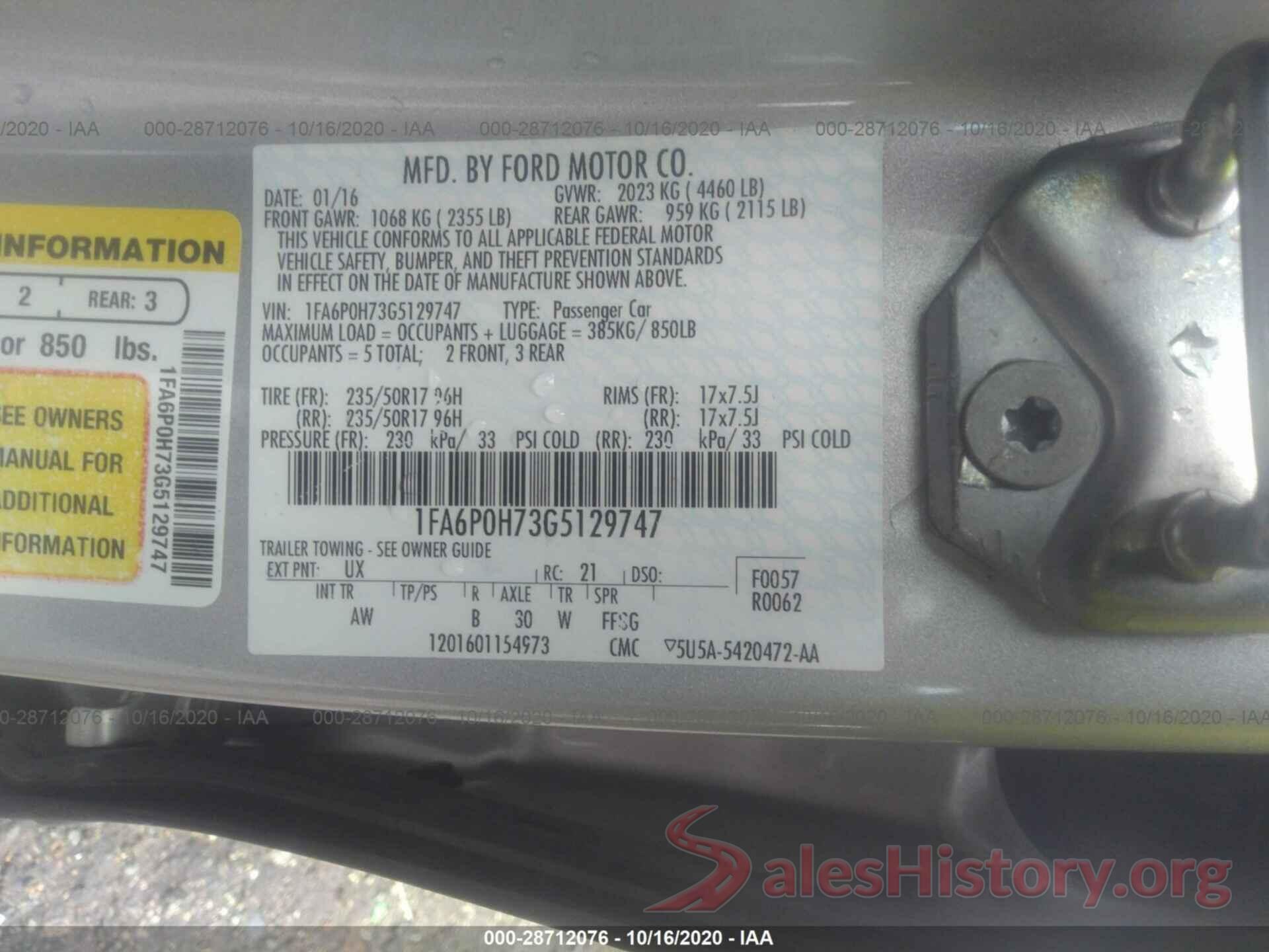 1FA6P0H73G5129747 2016 FORD FUSION