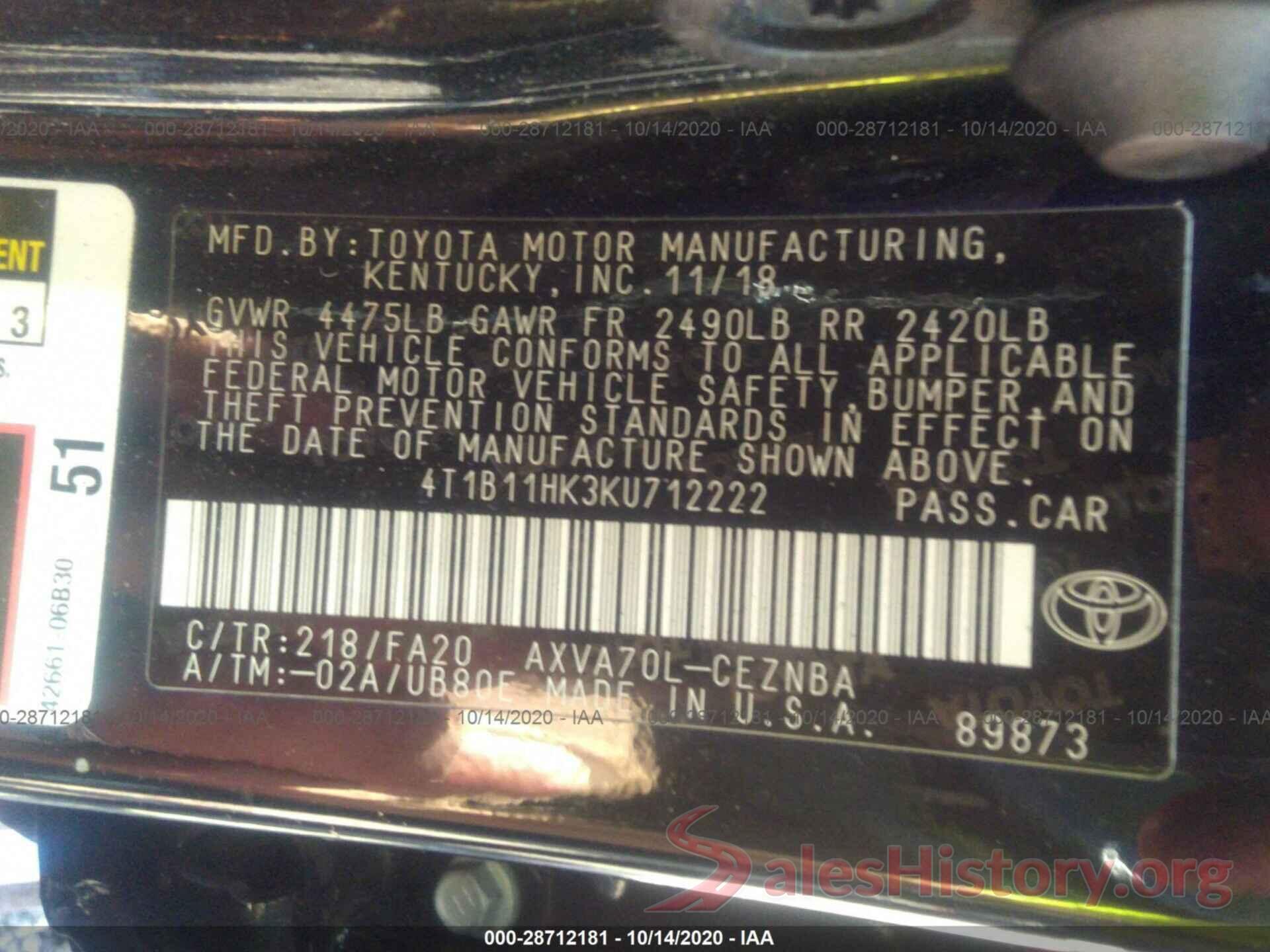 4T1B11HK3KU712222 2019 TOYOTA CAMRY