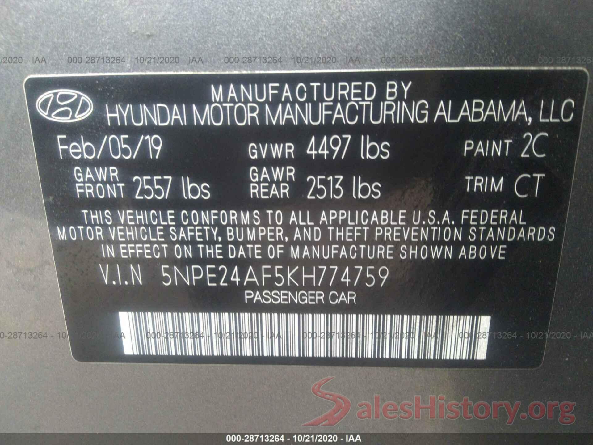 5NPE24AF5KH774759 2019 HYUNDAI SONATA