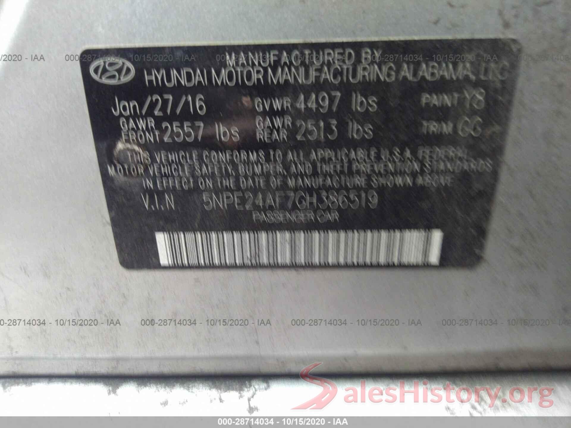 5NPE24AF7GH386519 2016 HYUNDAI SONATA