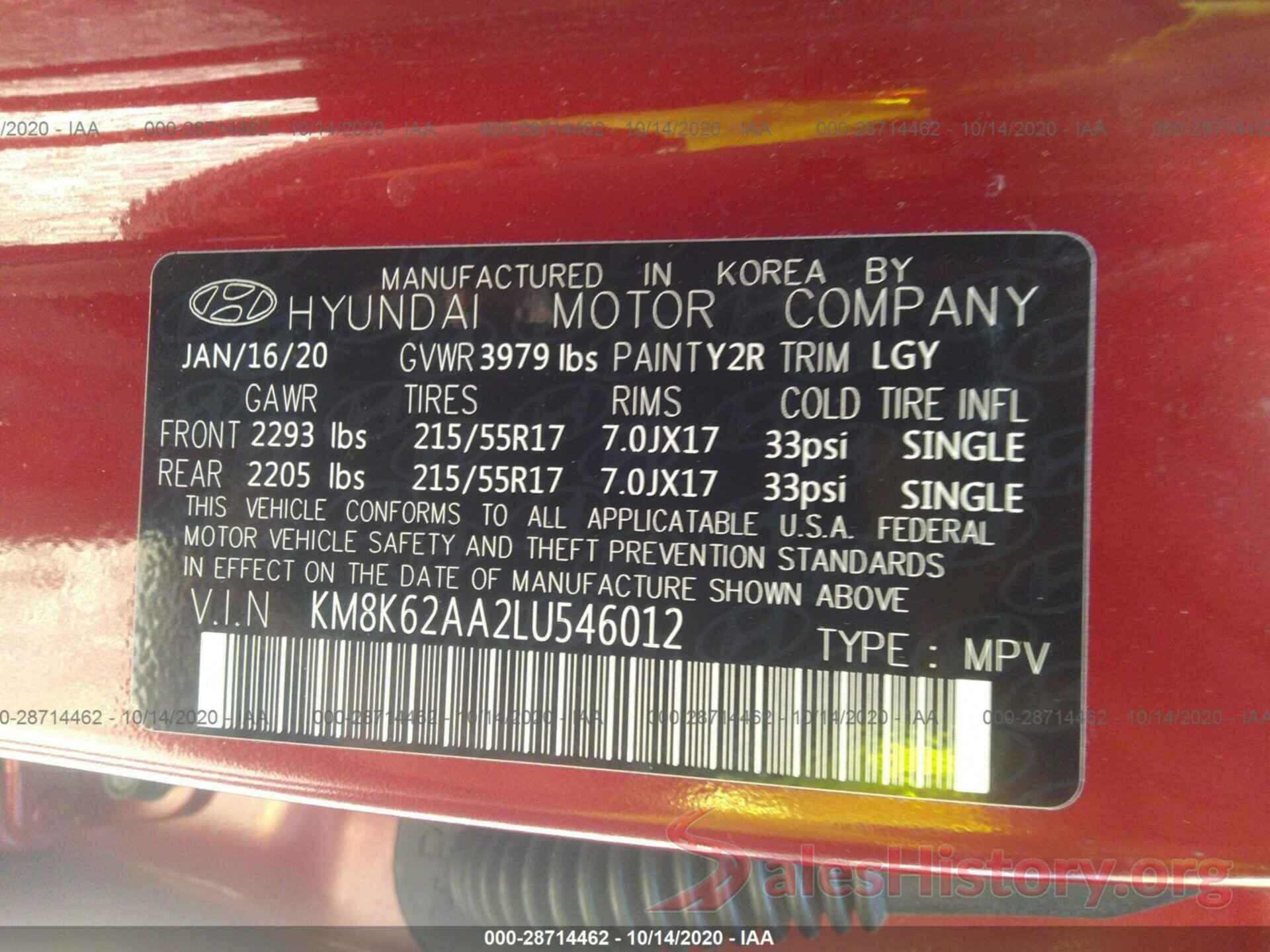 KM8K62AA2LU546012 2020 HYUNDAI KONA