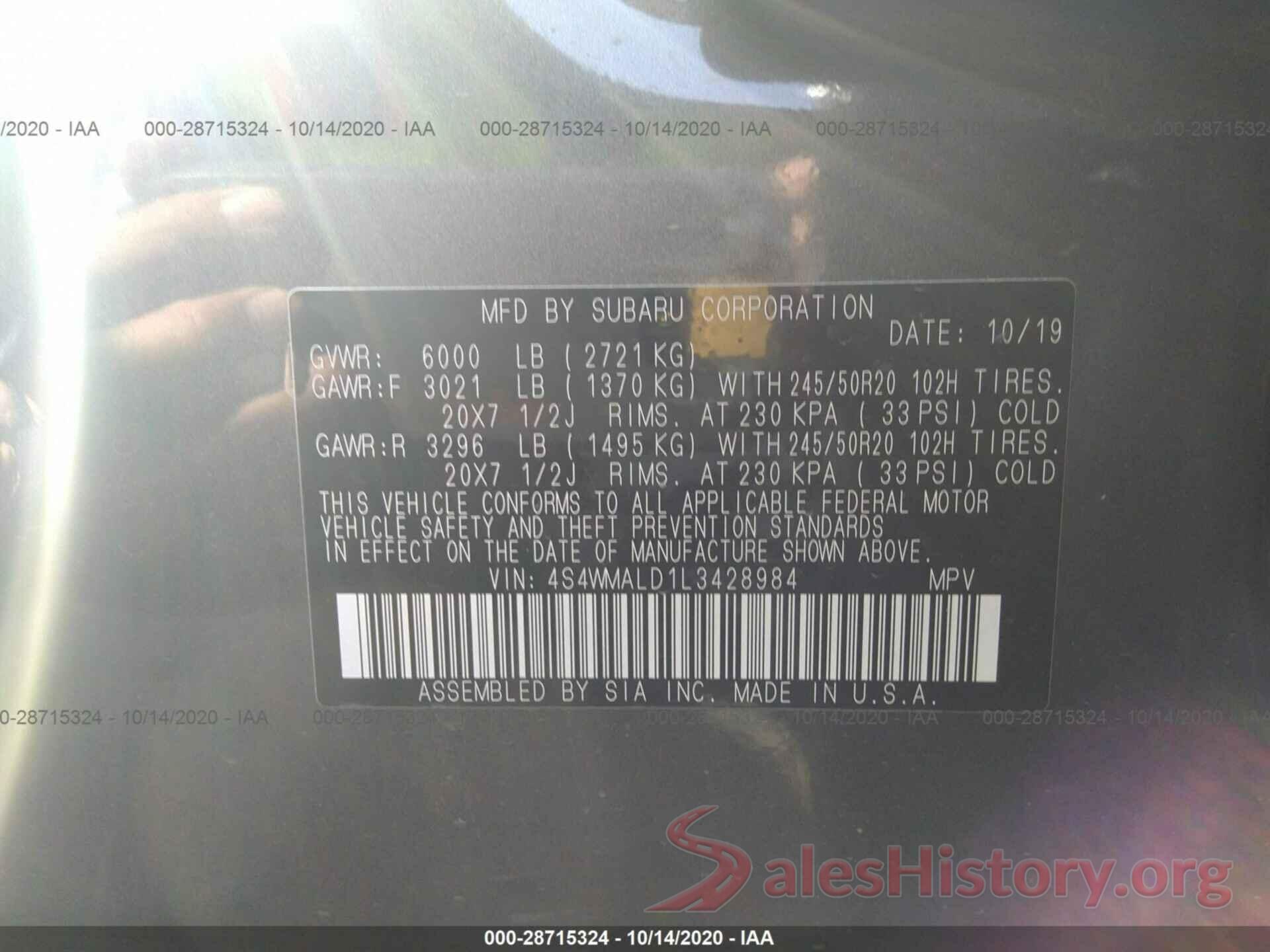 4S4WMALD1L3428984 2020 SUBARU ASCENT