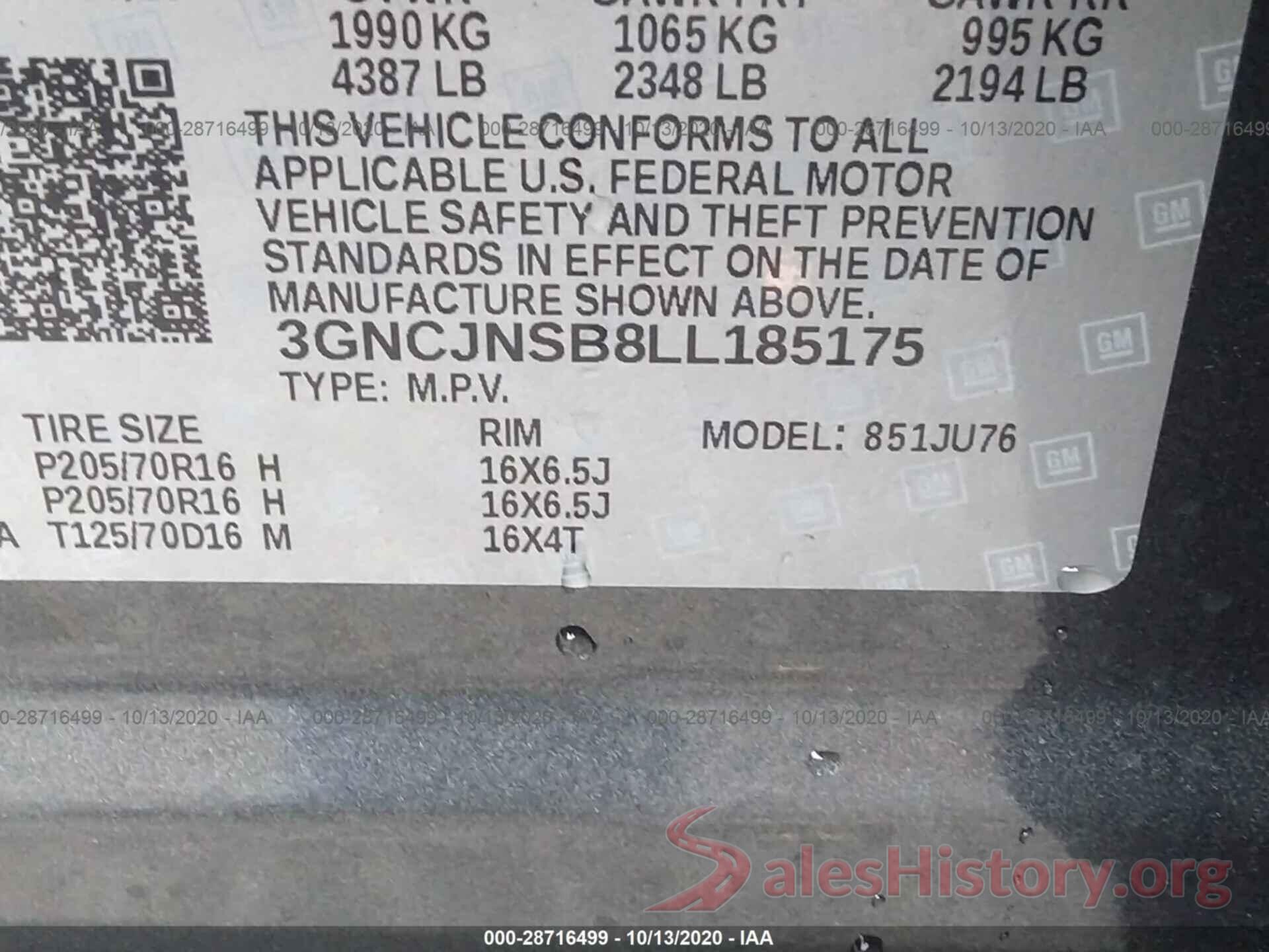 3GNCJNSB8LL185175 2020 CHEVROLET TRAX