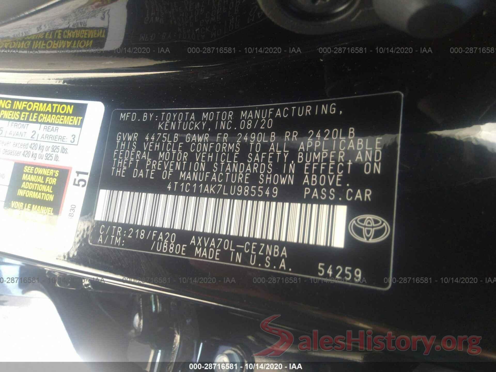 4T1C11AK7LU985549 2020 TOYOTA CAMRY