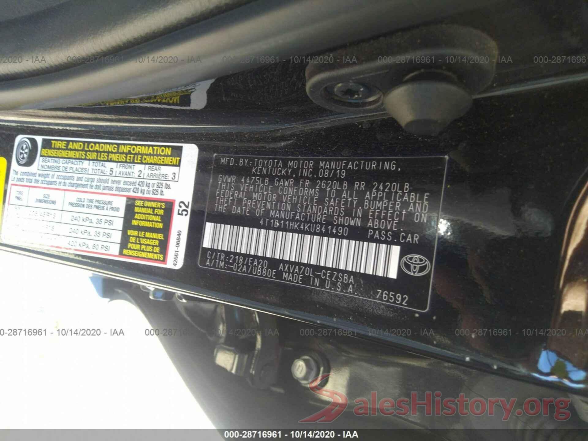 4T1B11HK4KU841490 2019 TOYOTA CAMRY