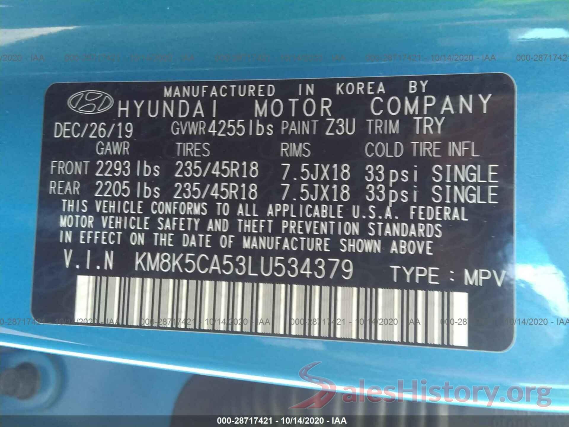 KM8K5CA53LU534379 2020 HYUNDAI KONA