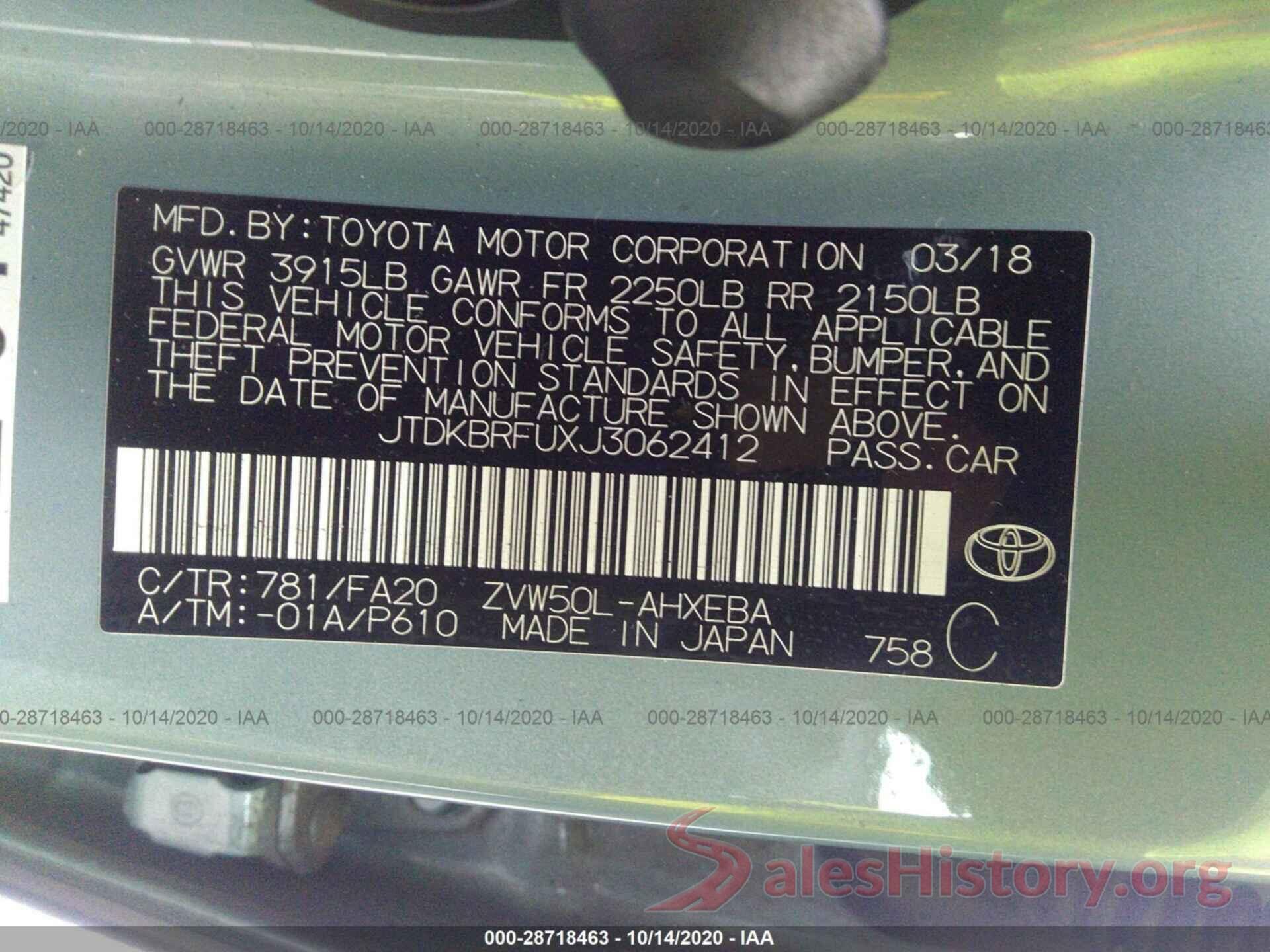 JTDKBRFUXJ3062412 2018 TOYOTA PRIUS