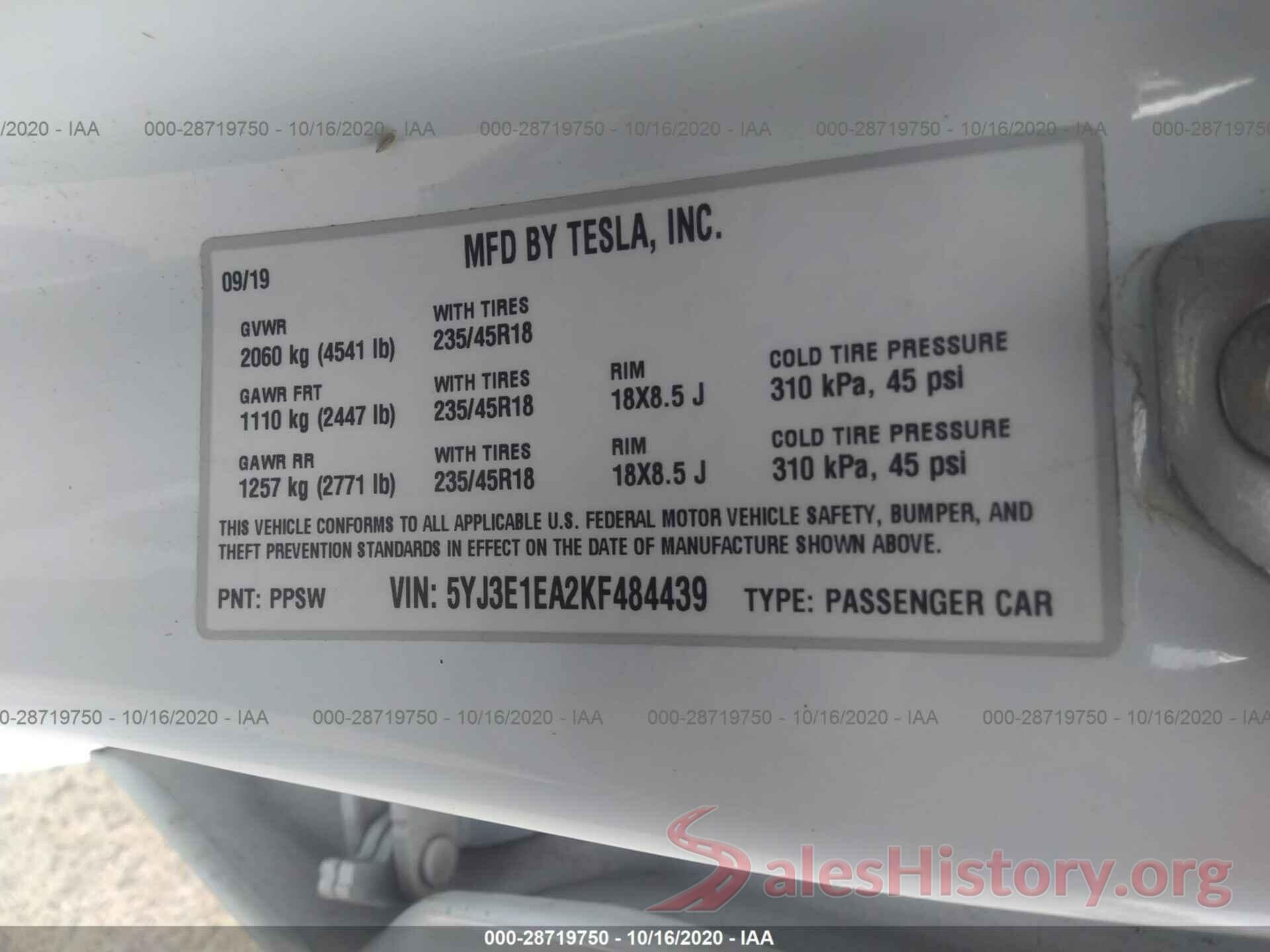 5YJ3E1EA2KF484439 2019 TESLA MODEL 3