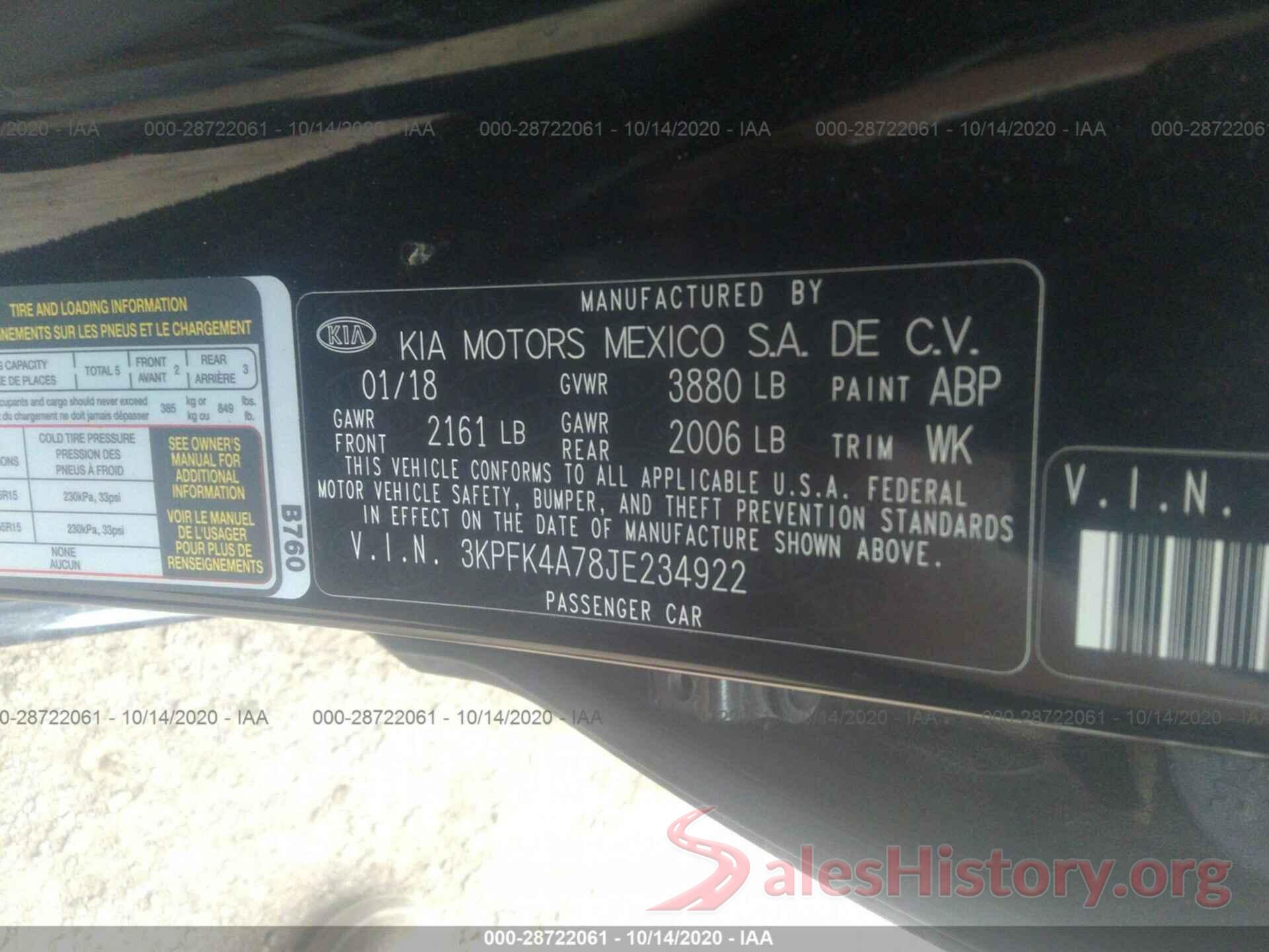 3KPFK4A78JE234922 2018 KIA FORTE